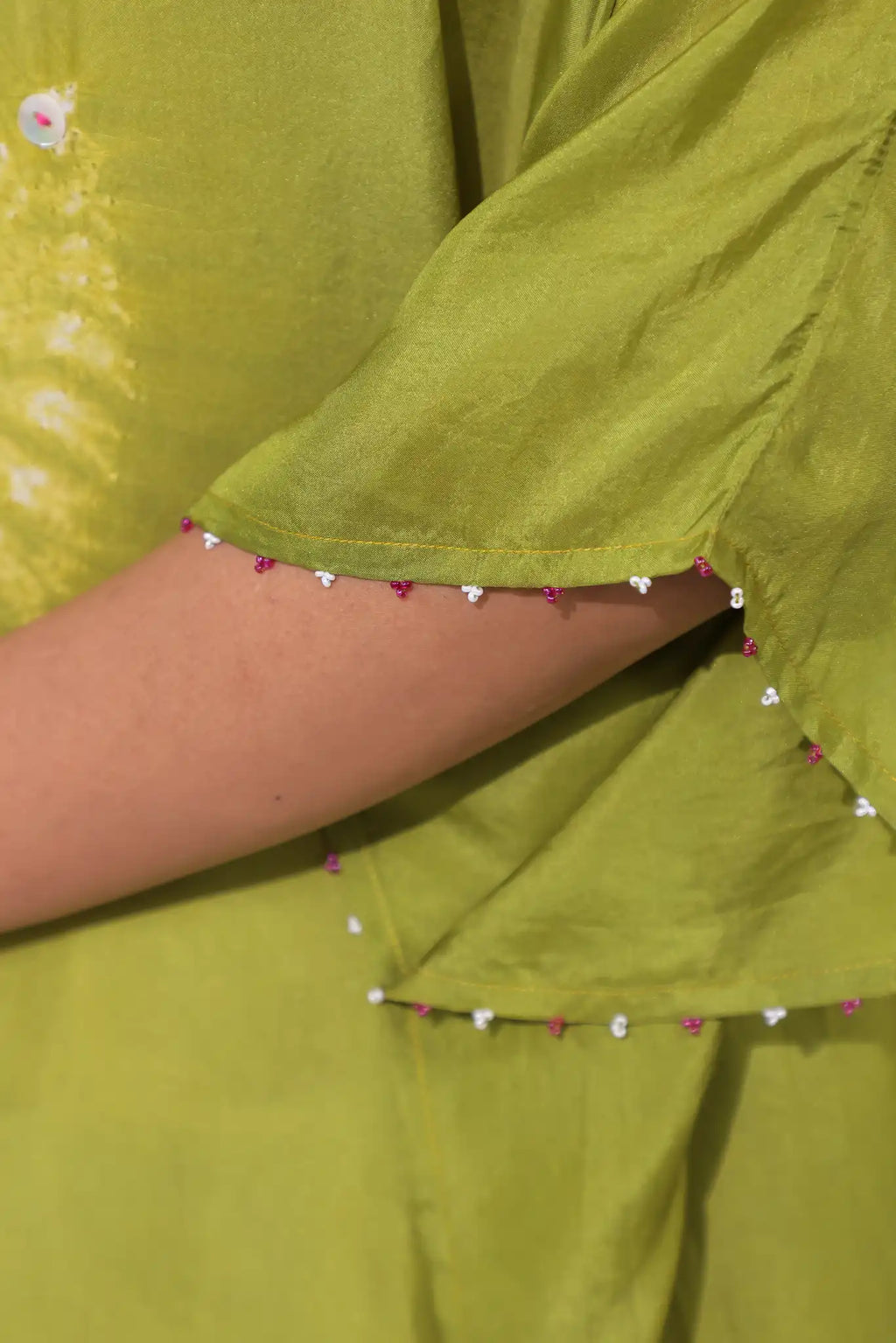 Green habutai silk shibori kaftan