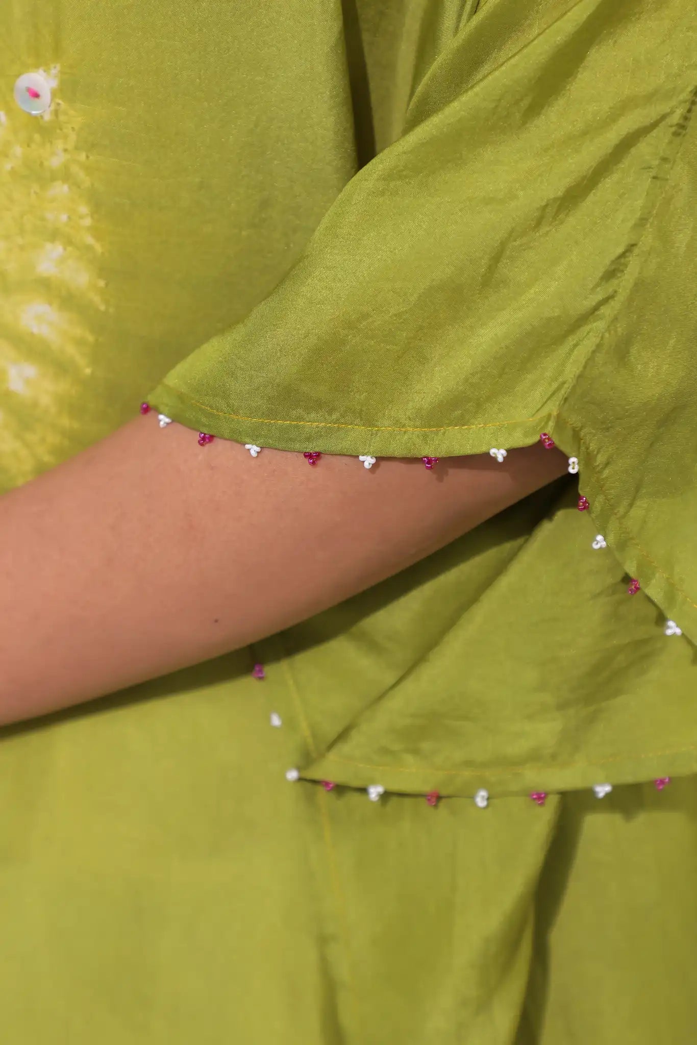 Green habutai silk shibori kaftan