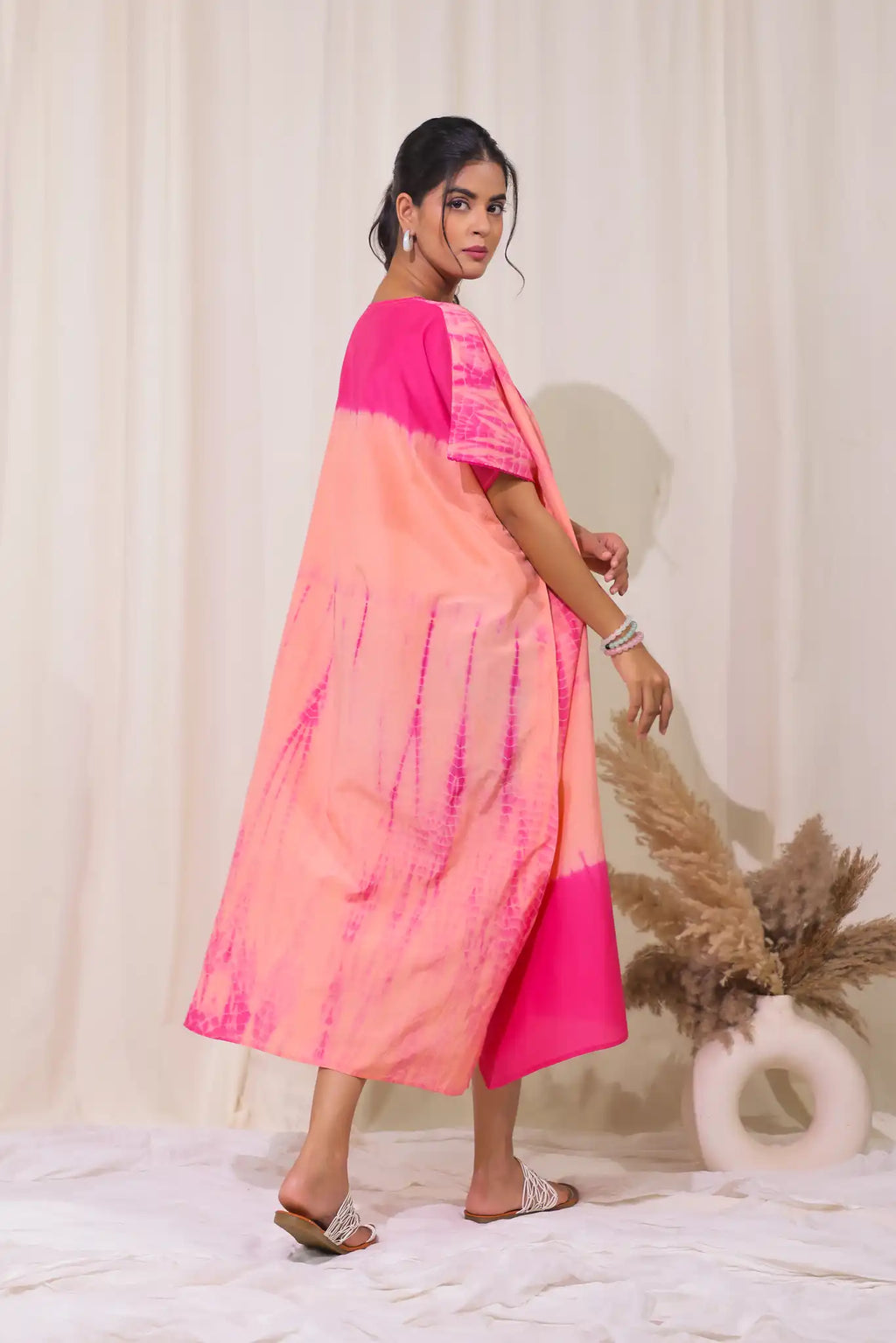 Peach cotton silk shibori kaftan