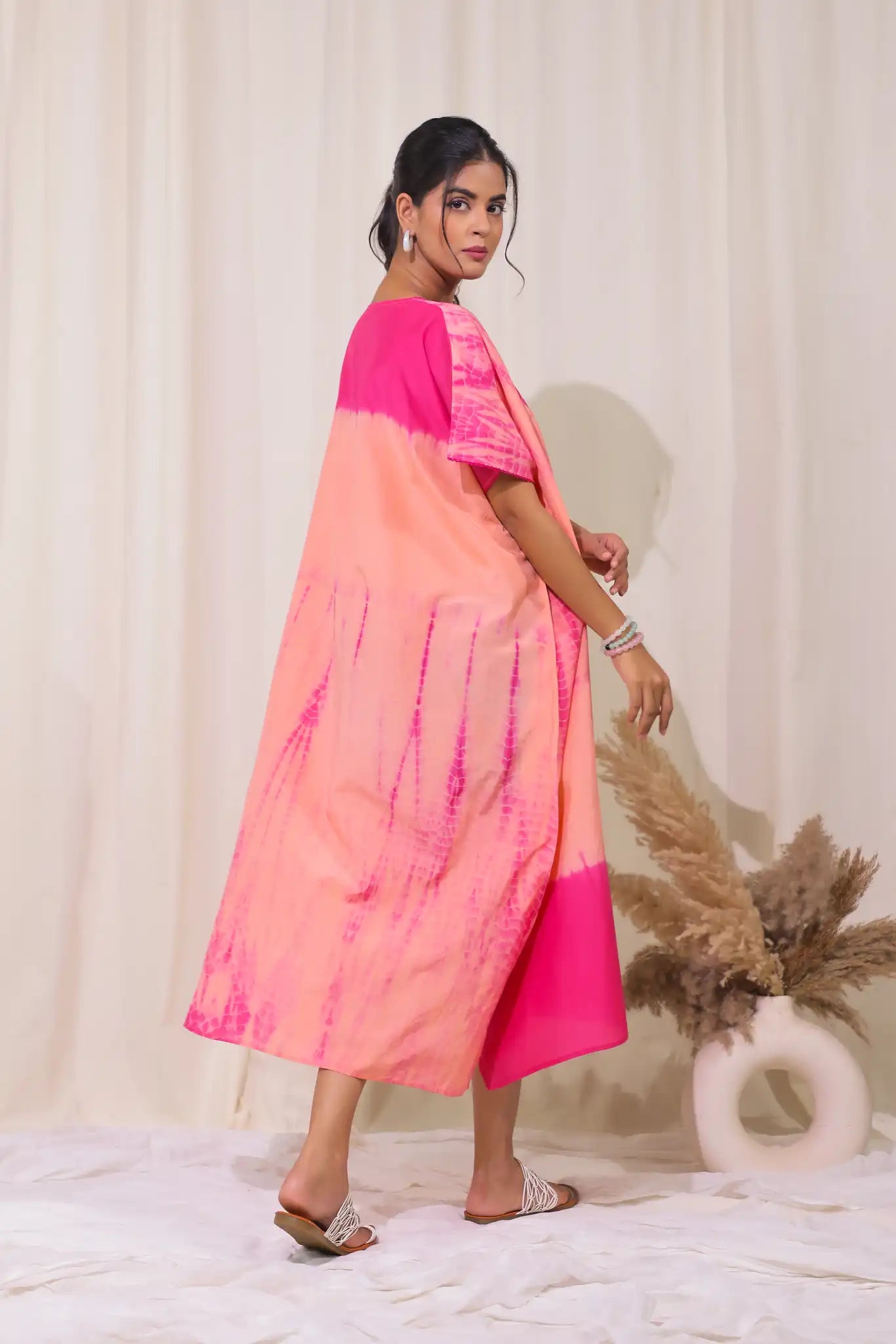 Peach cotton silk shibori kaftan