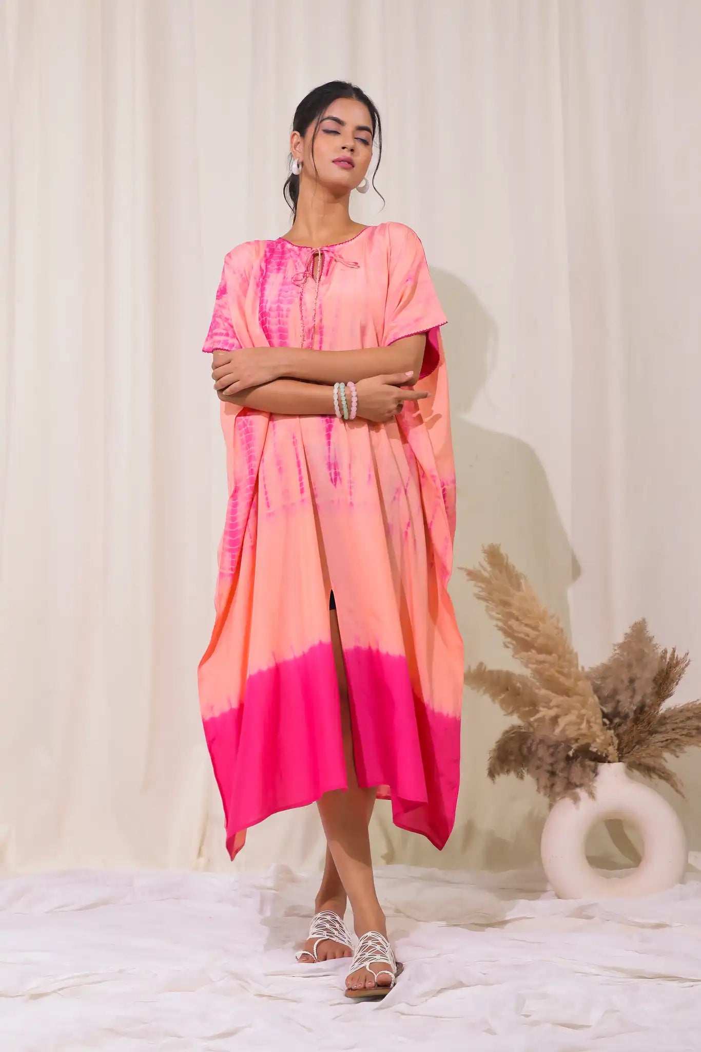 Peach cotton silk shibori kaftan