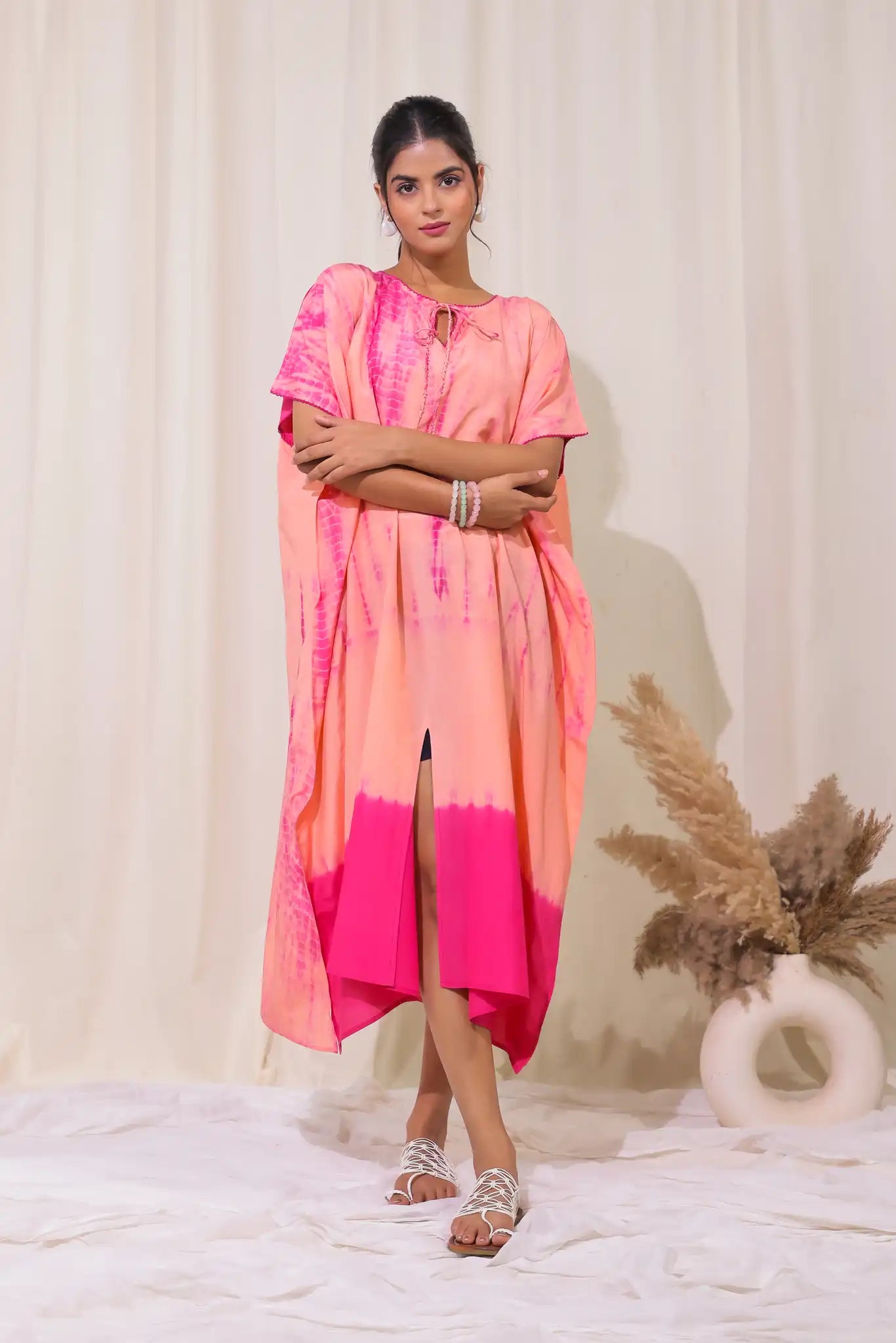 Peach cotton silk shibori kaftan