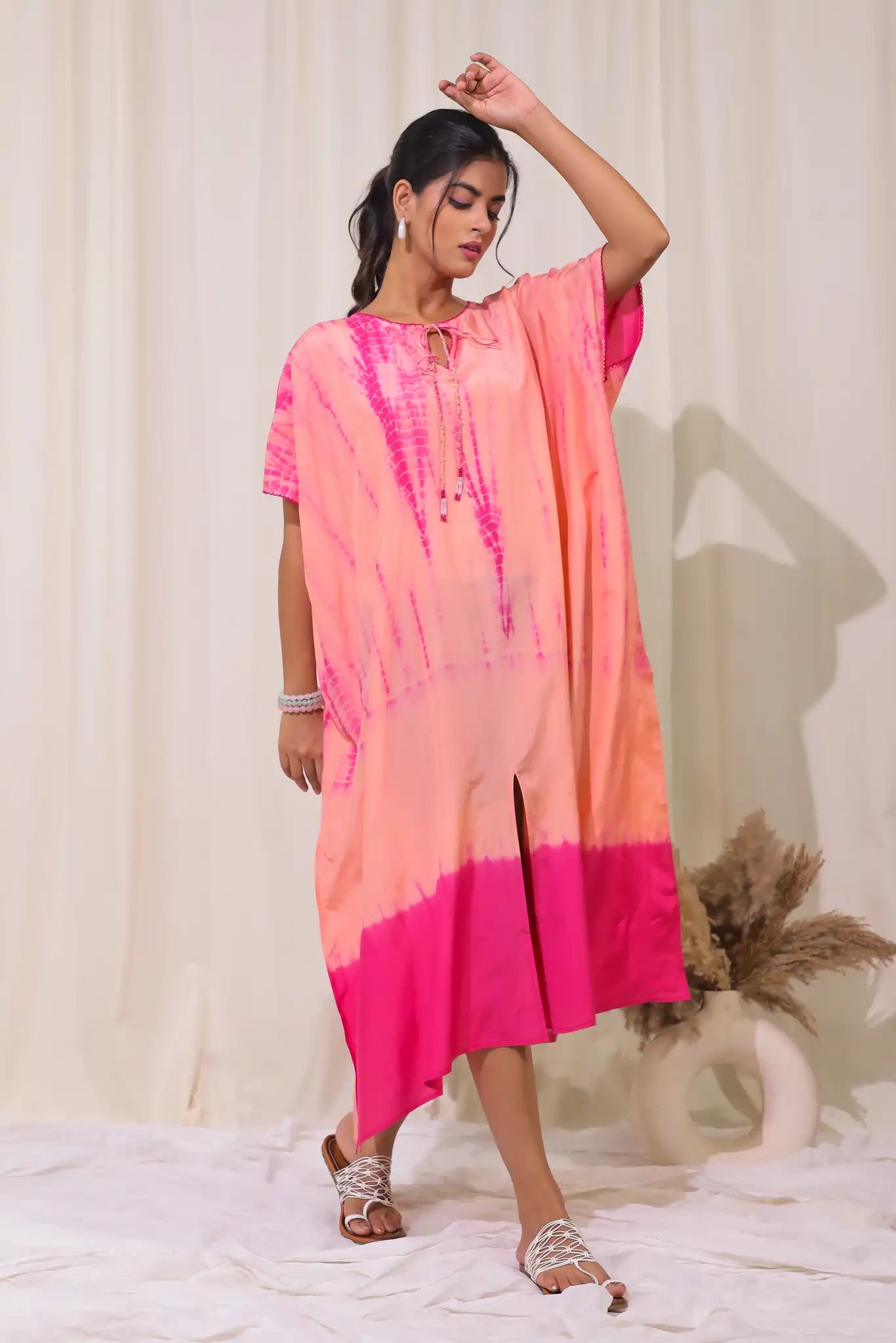 Peach cotton silk shibori kaftan
