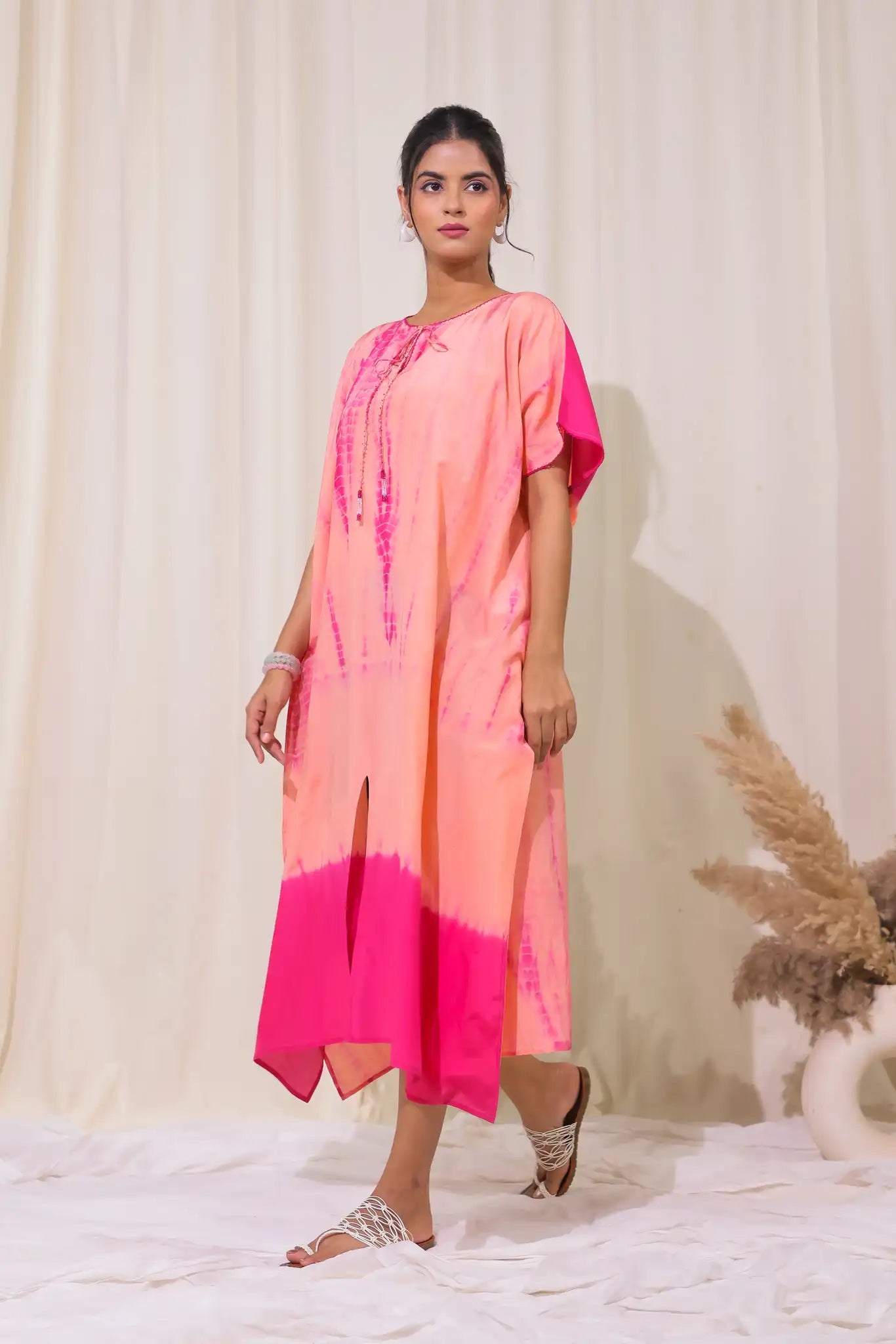 Peach cotton silk shibori kaftan