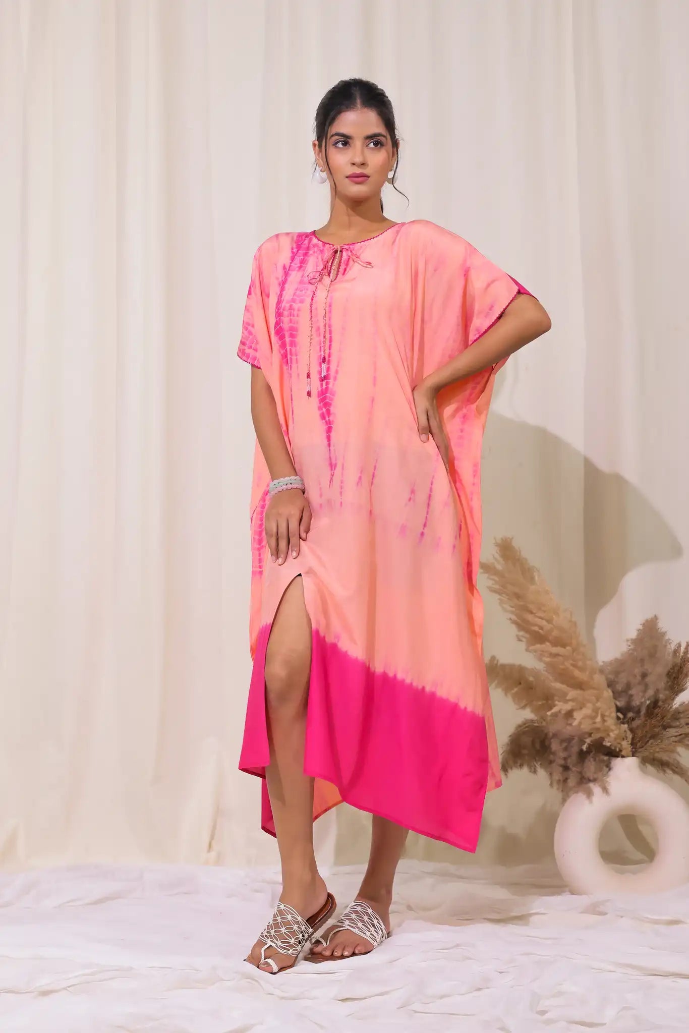 Peach cotton silk shibori kaftan