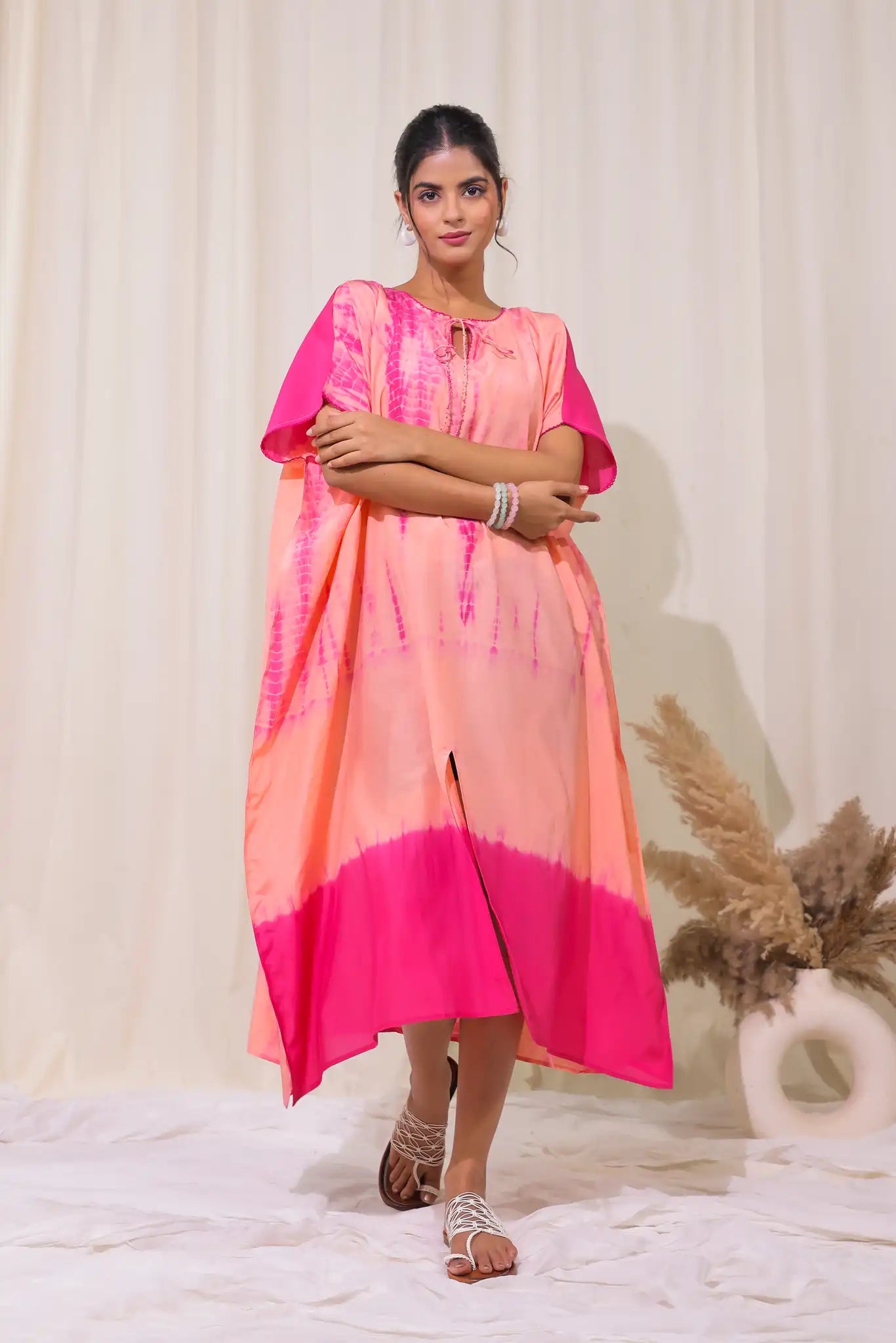 Peach cotton silk shibori kaftan