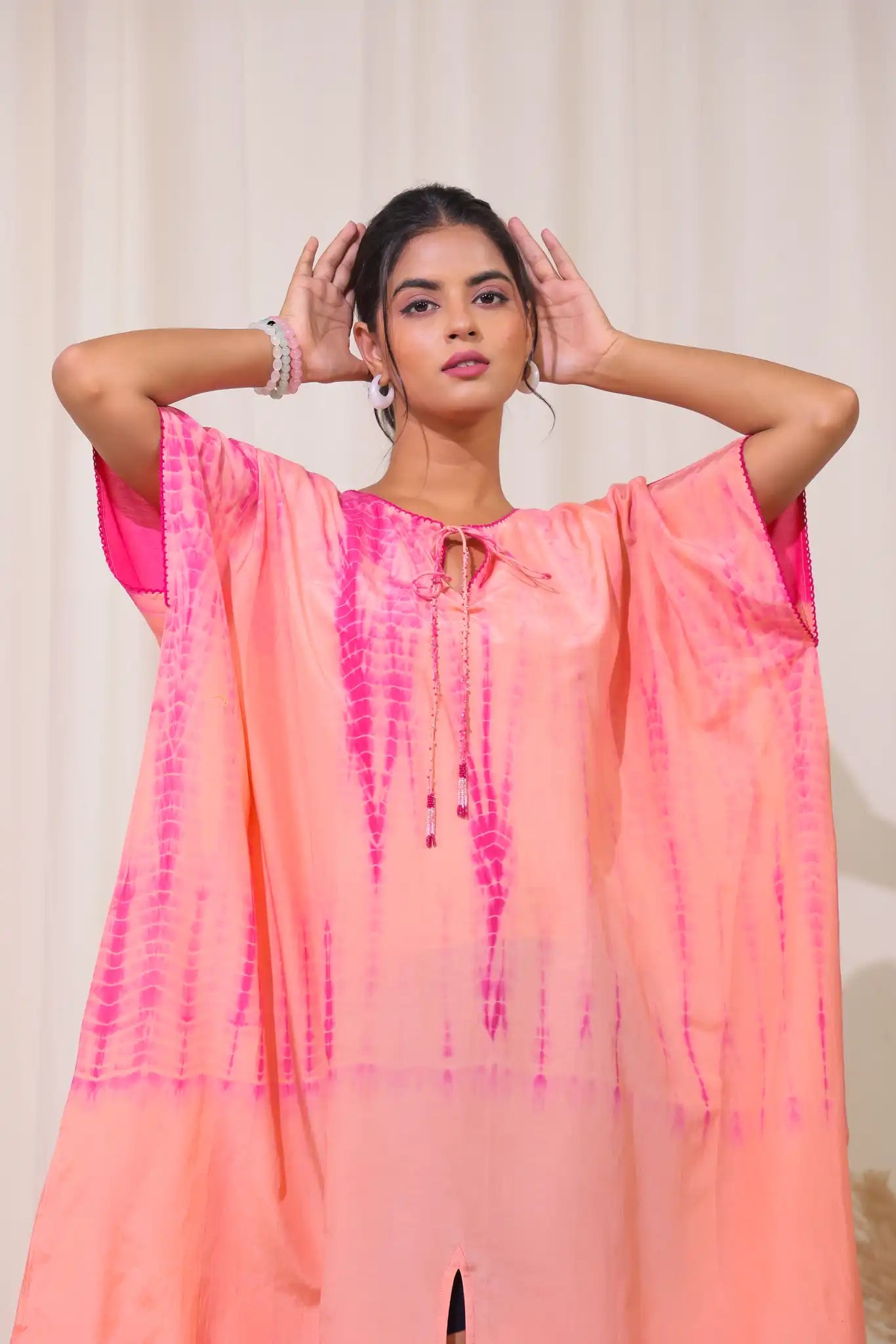 Peach cotton silk shibori kaftan