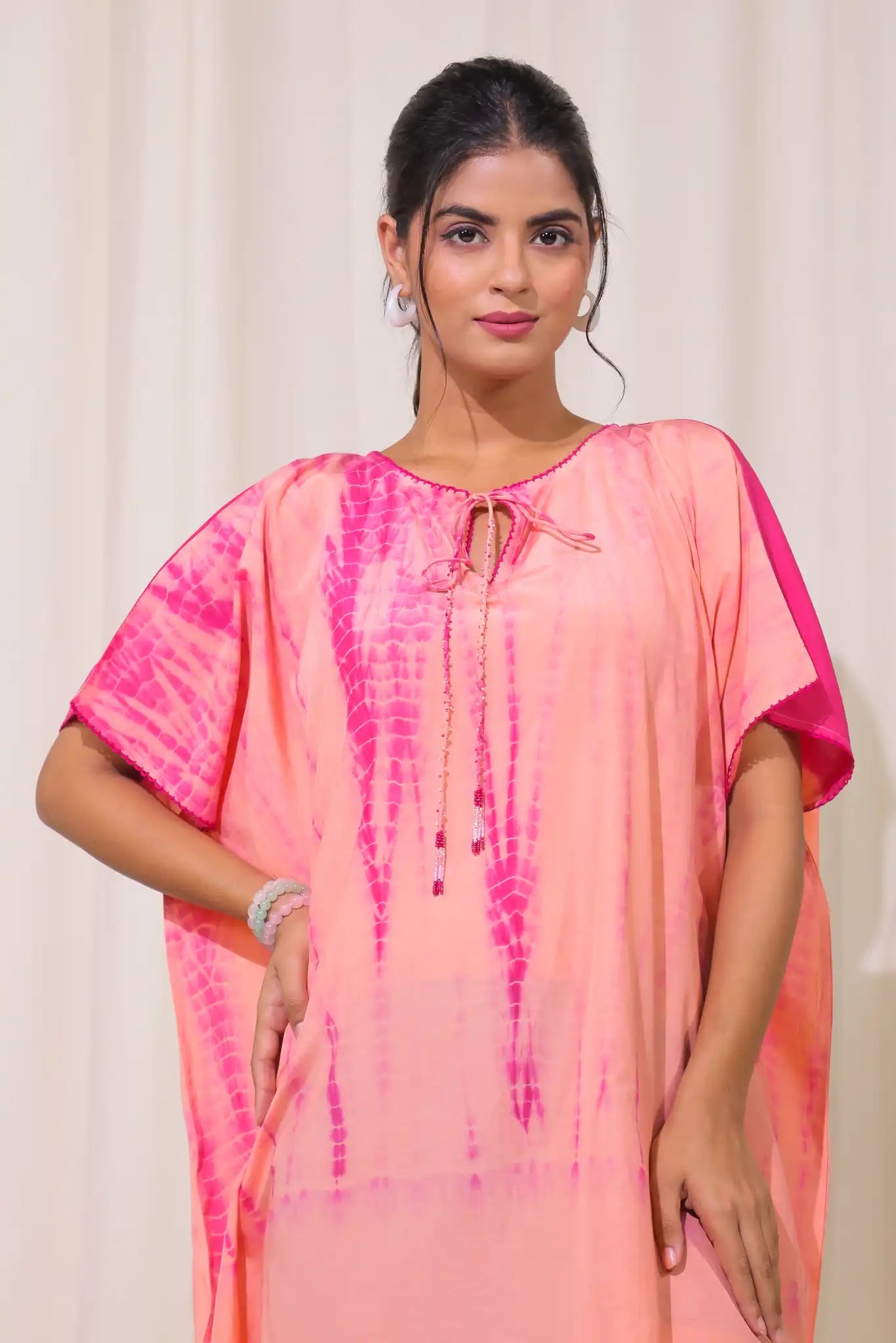 Peach cotton silk shibori kaftan