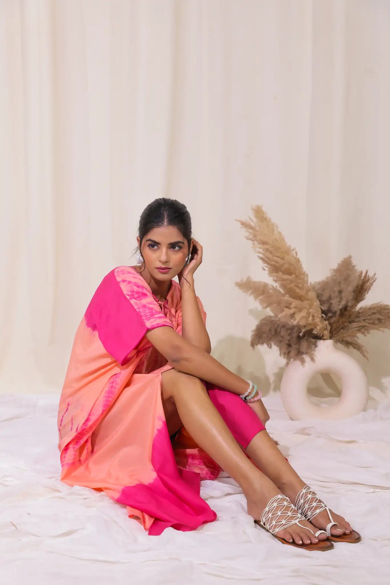 Peach cotton silk shibori kaftan