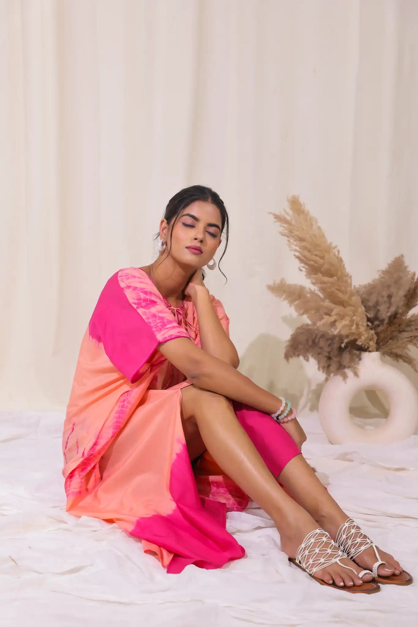 Peach cotton silk shibori kaftan