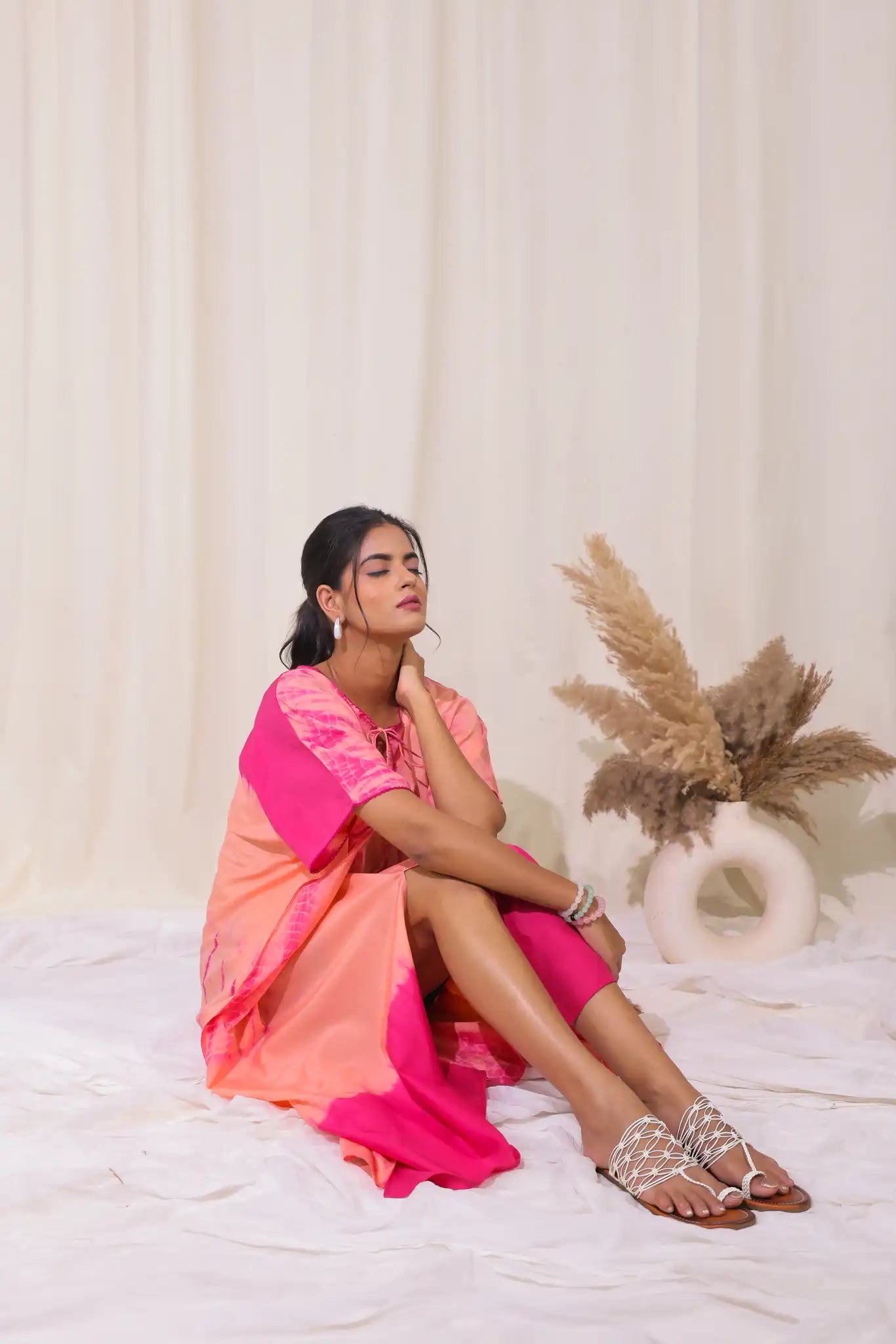 Peach cotton silk shibori kaftan