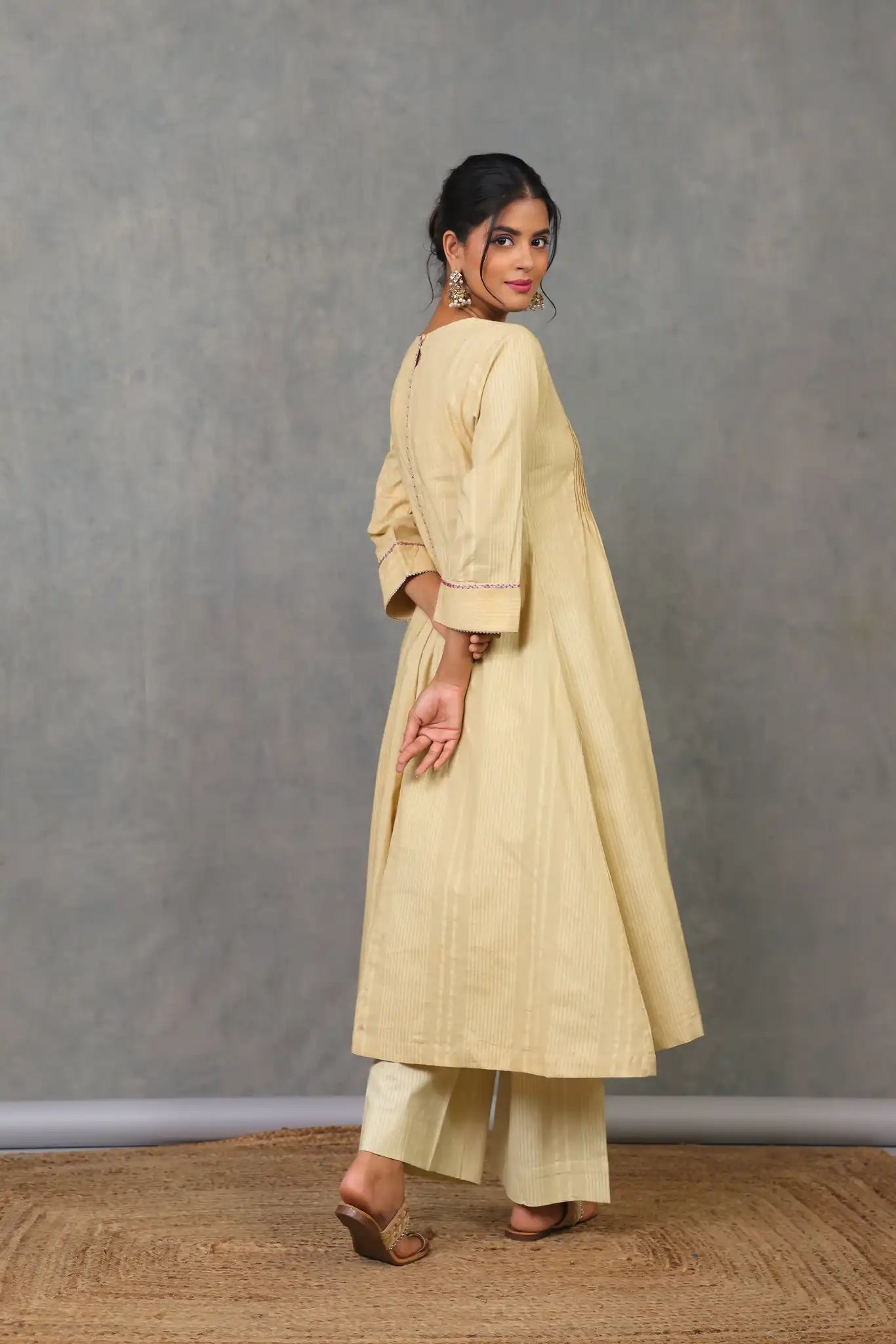Beige Pintuck Kurta w/ Lace Trim