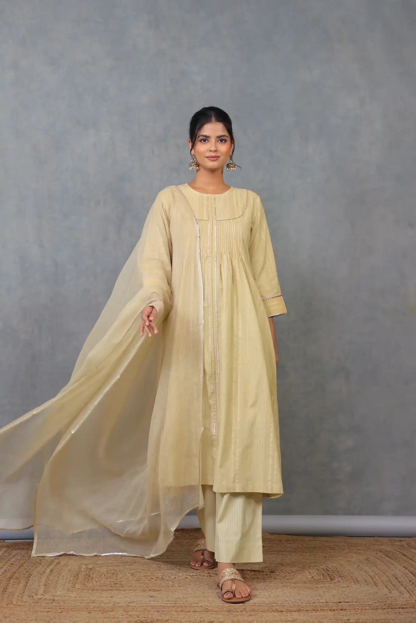 Beige Pintuck Kurta w/ Lace Trim