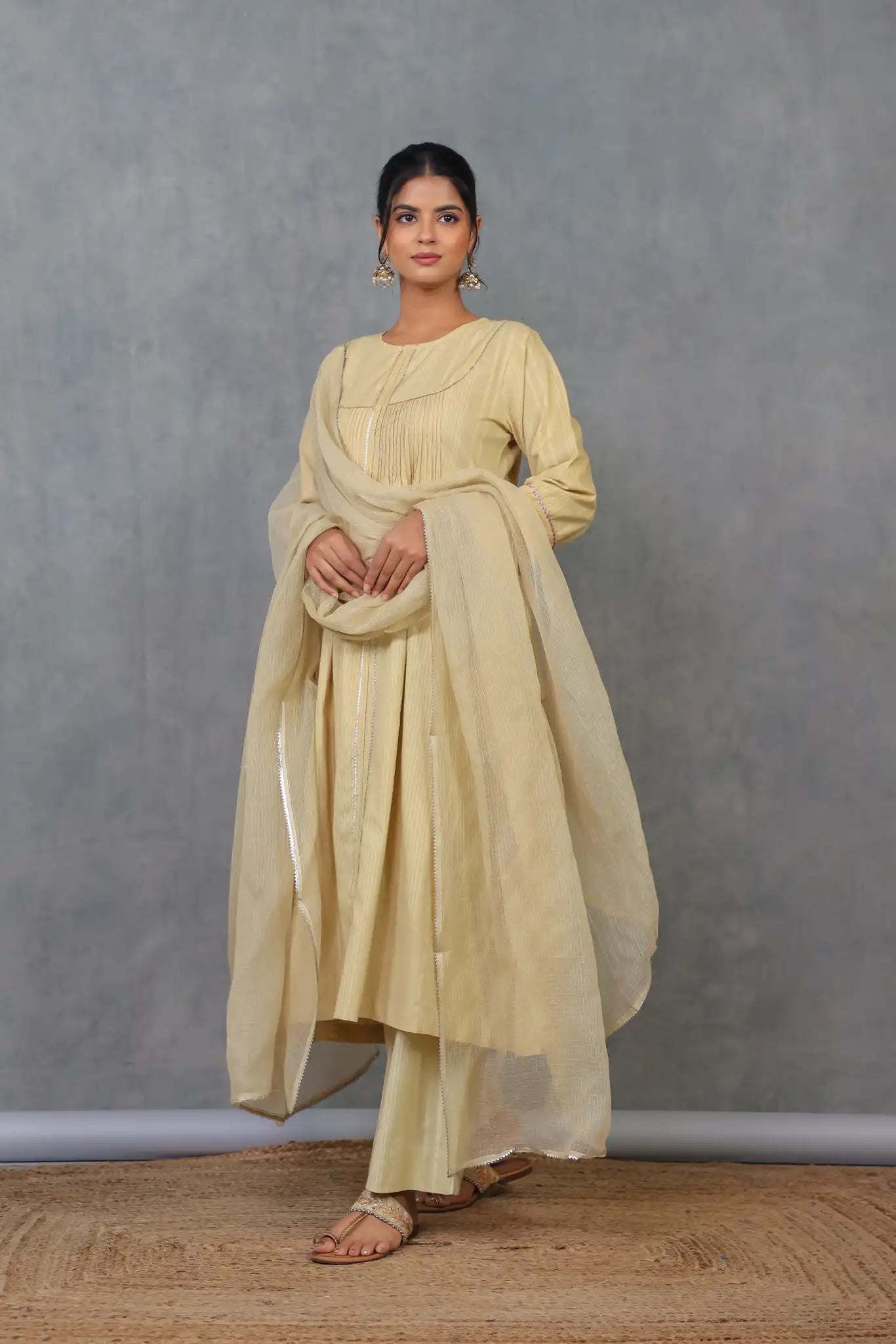 Beige Pintuck Kurta w/ Lace Trim