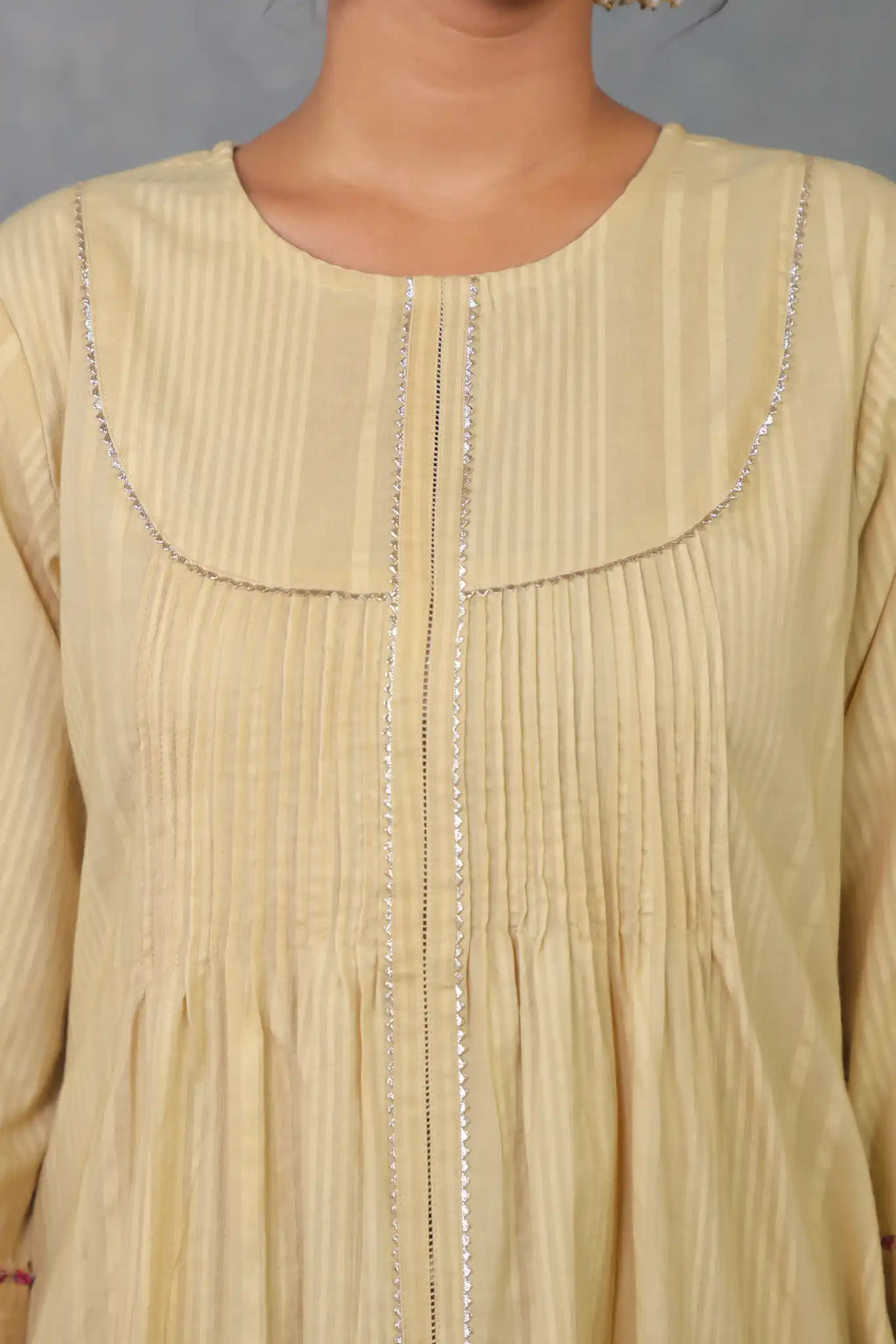 Beige Pintuck Kurta w/ Lace Trim
