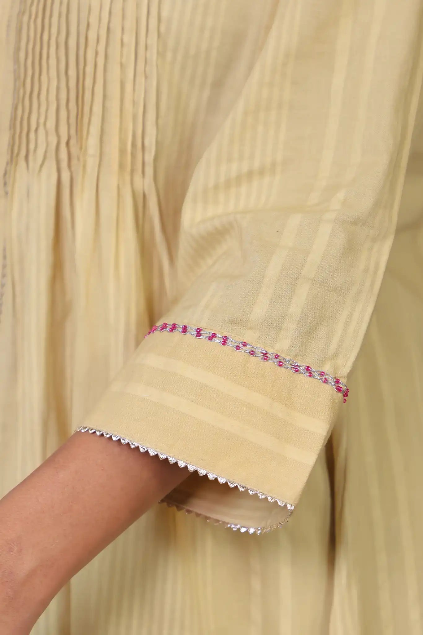 Beige Pintuck Kurta w/ Lace Trim