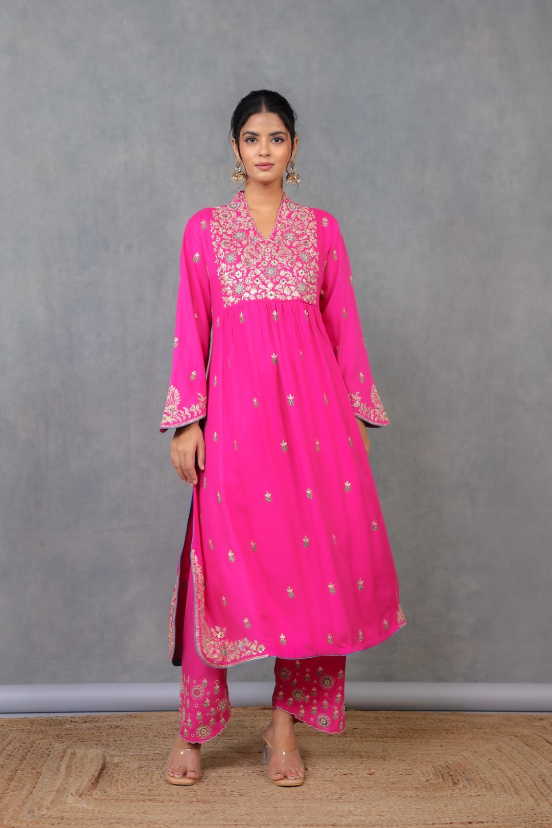 Rani Pink Twill Kurta Set w/Embroidery