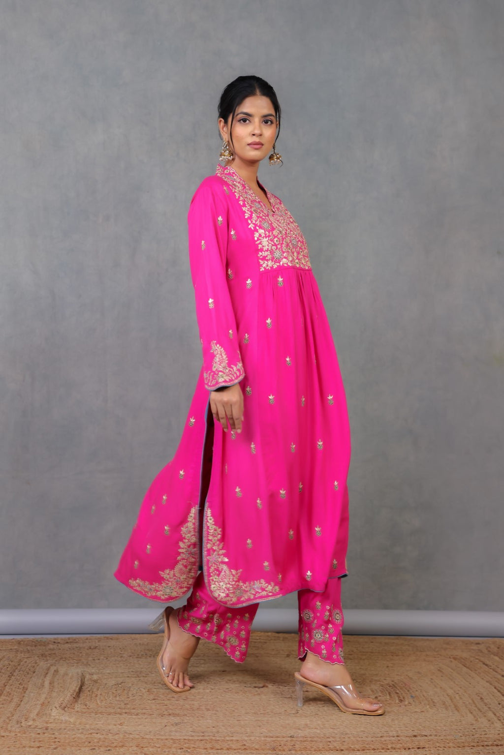 Rani Pink Twill Kurta Set w/Embroidery