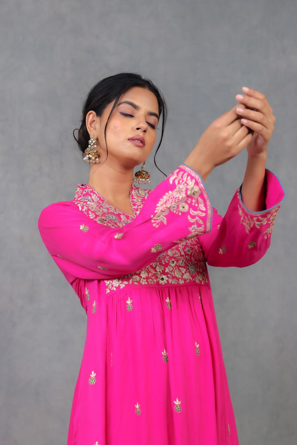 Rani Pink Twill Kurta Set w/Embroidery
