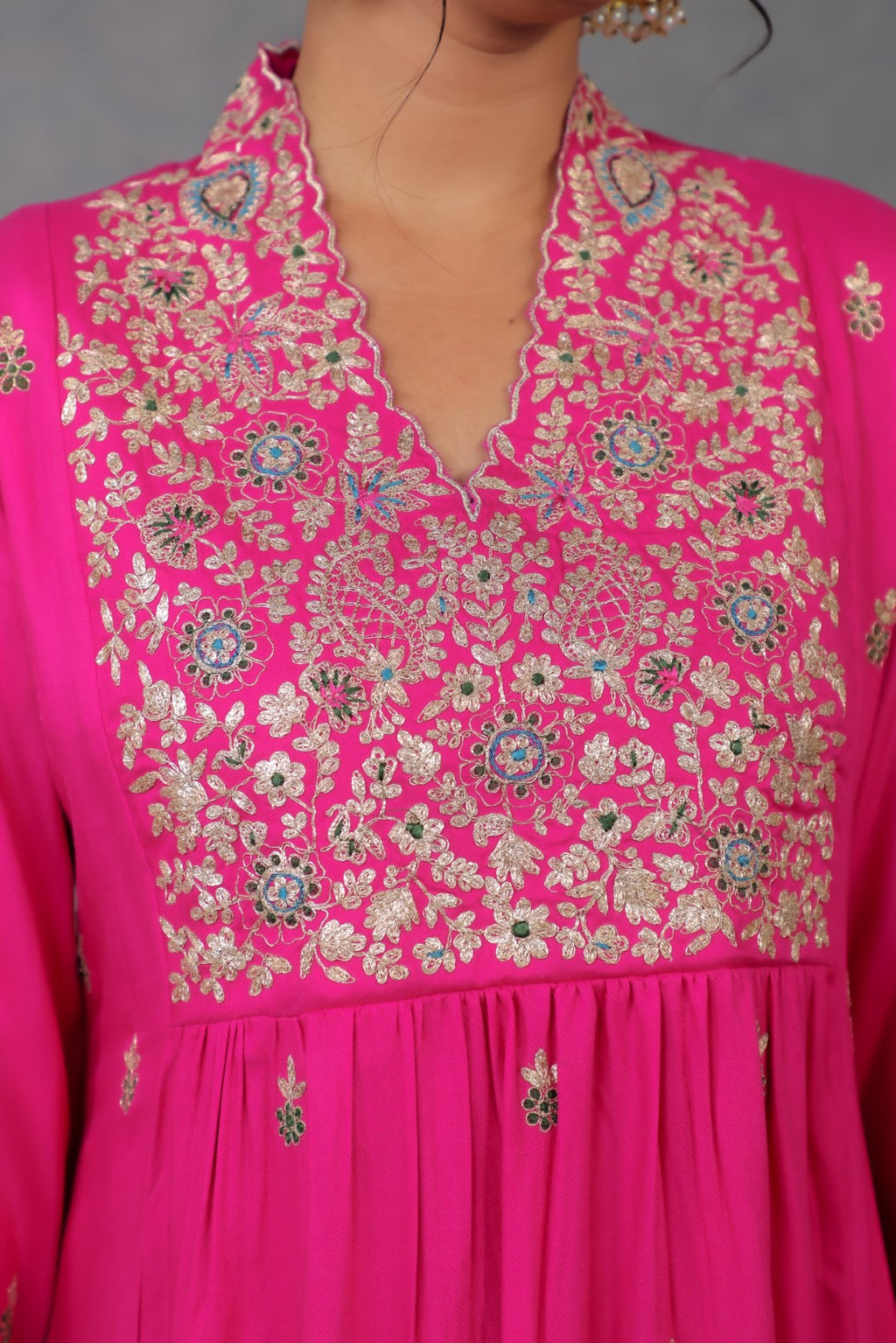 Rani Pink Twill Kurta Set w/Embroidery