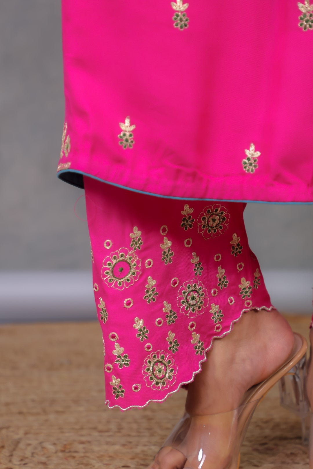 Rani Pink Twill Kurta Set w/Embroidery