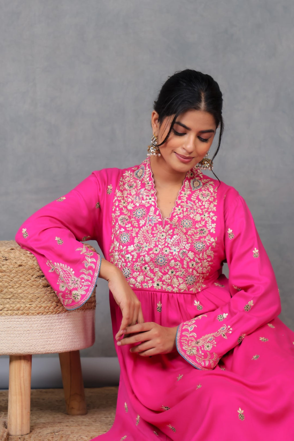 Rani Pink Twill Kurta Set w/Embroidery