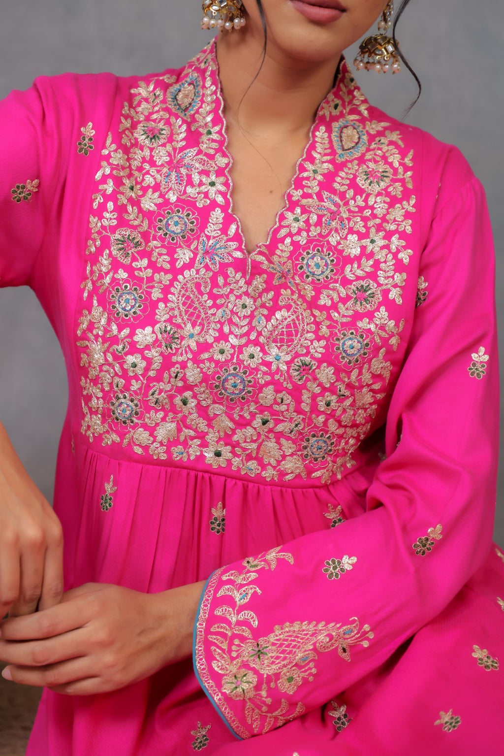 Rani Pink Twill Kurta Set w/Embroidery