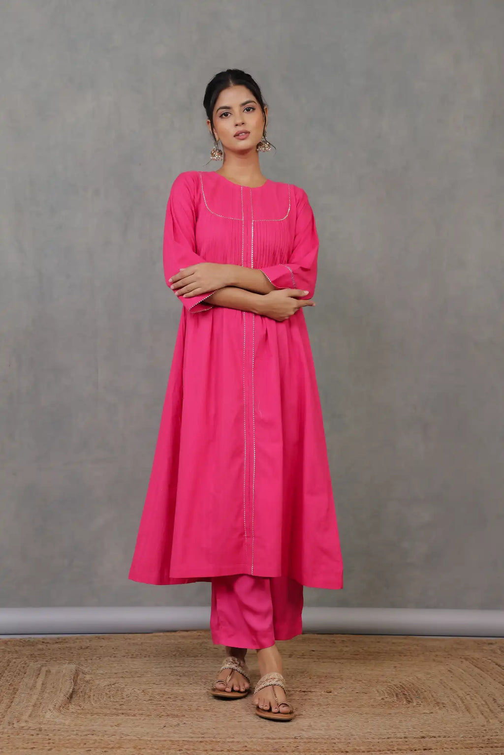 Rani Pink Pintuck Kurta w/ Lace Trim