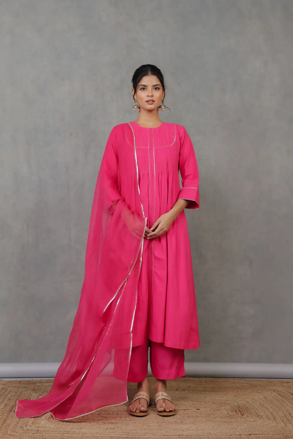 Rani Pink Pintuck Kurta w/ Lace Trim