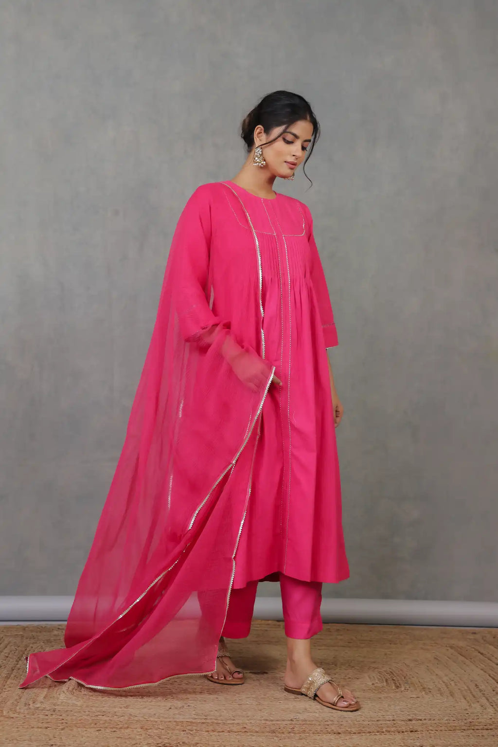 Rani Pink Pintuck Kurta w/ Lace Trim