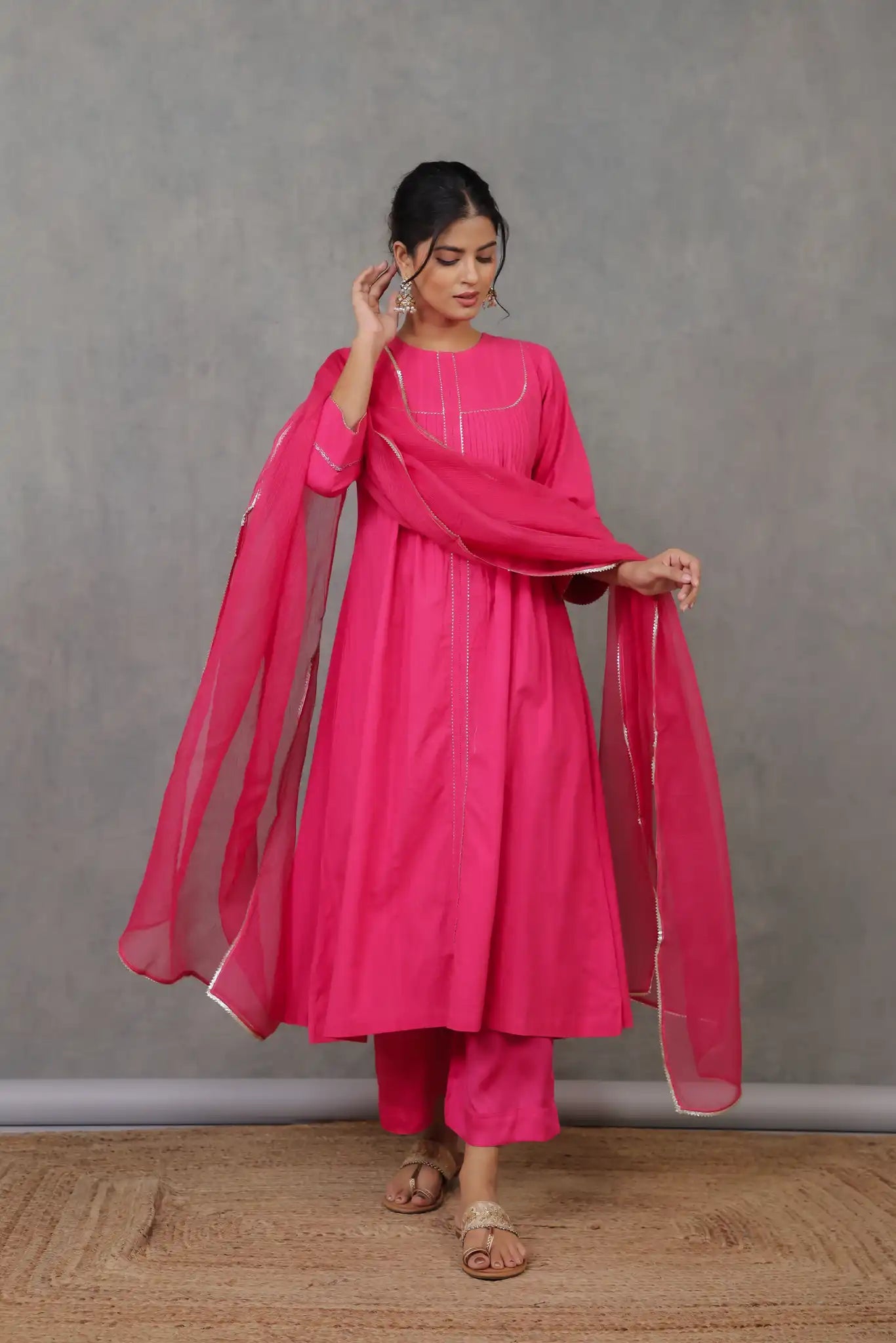 Rani Pink Pintuck Kurta w/ Lace Trim
