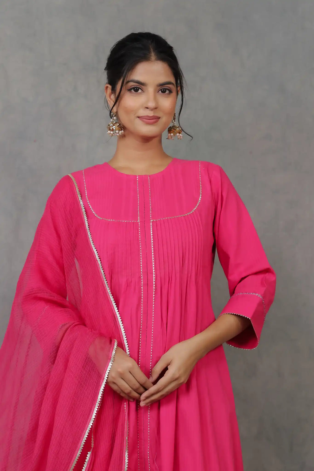 Rani Pink Pintuck Kurta w/ Lace Trim