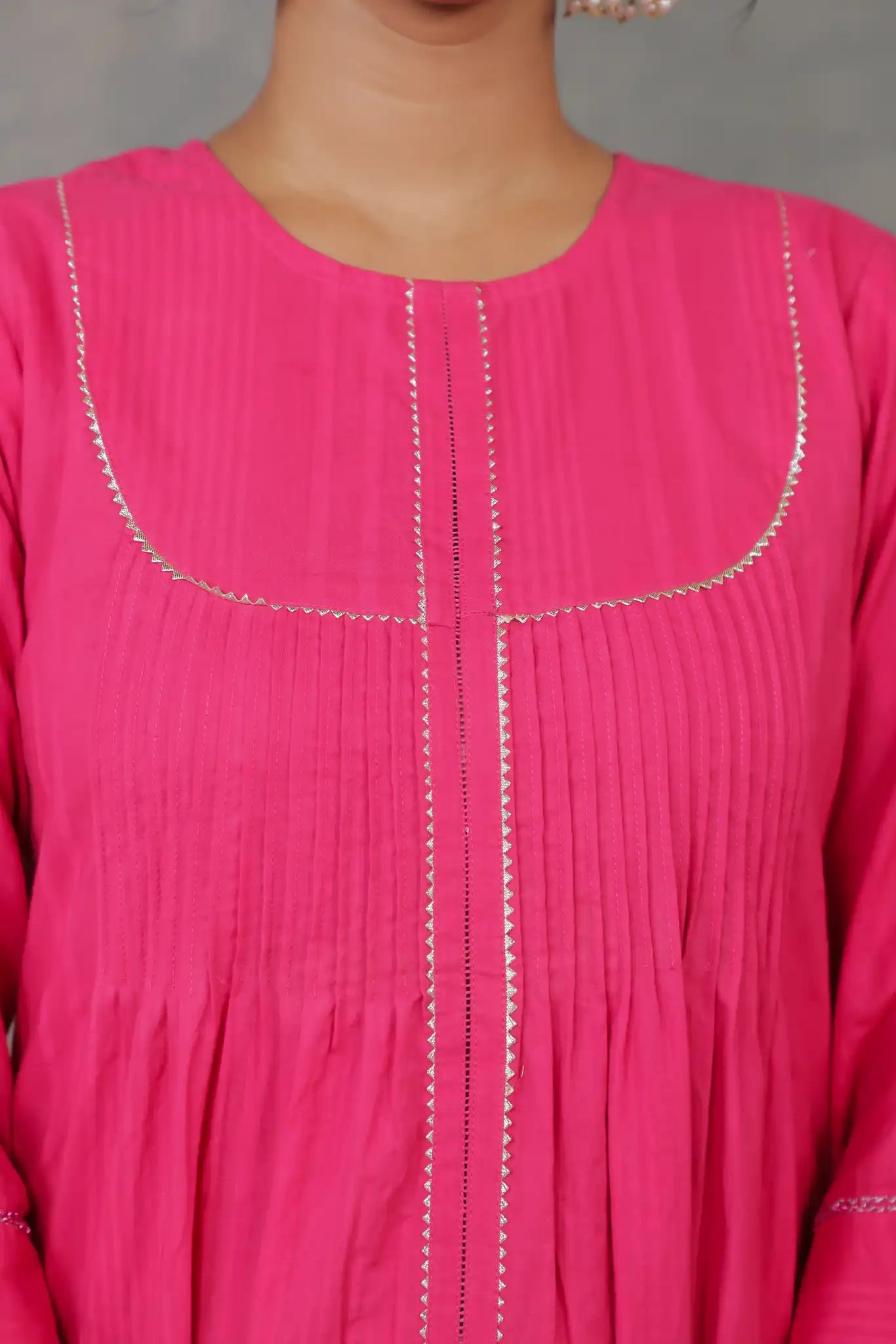 Rani Pink Pintuck Kurta w/ Lace Trim