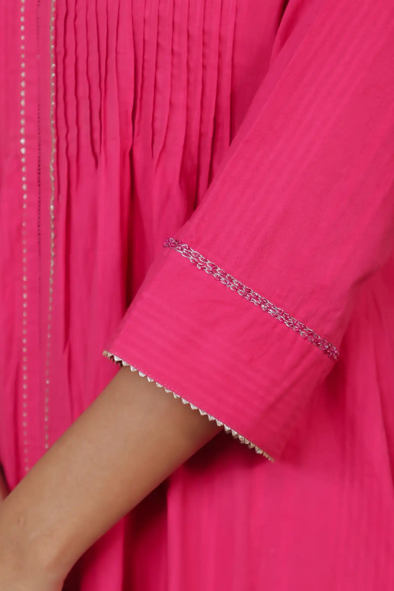 Rani Pink Pintuck Kurta w/ Lace Trim
