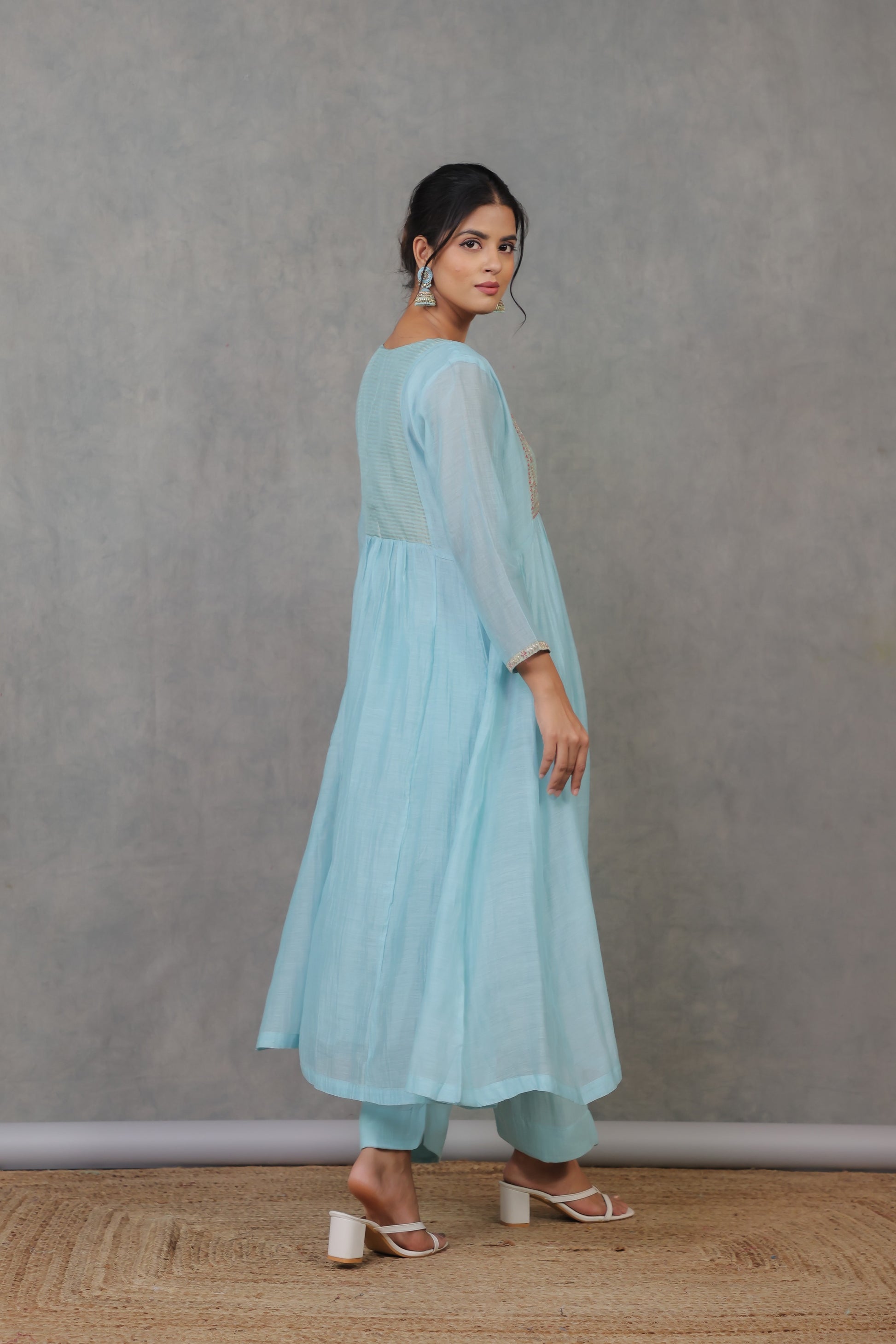 Cyan Chanderi Kurta with Pitan work