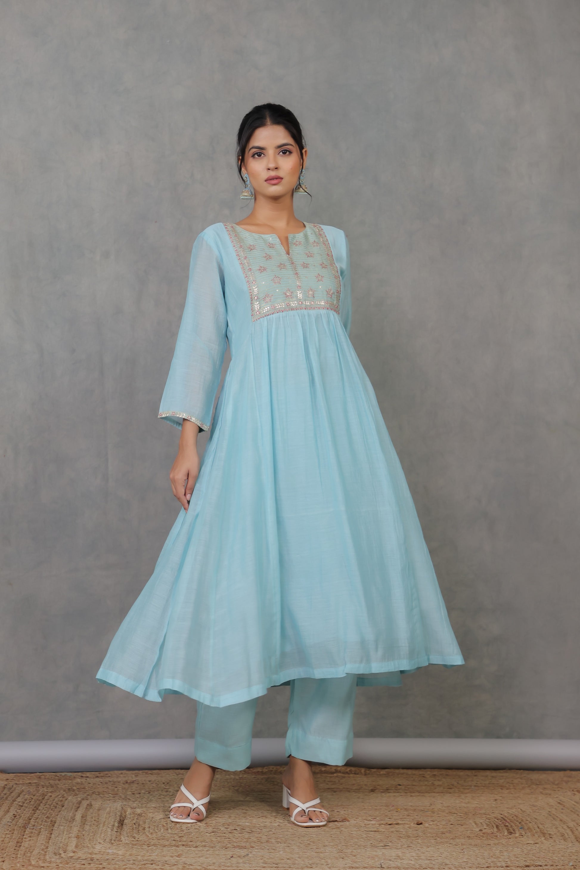Cyan Chanderi Kurta with Pitan work