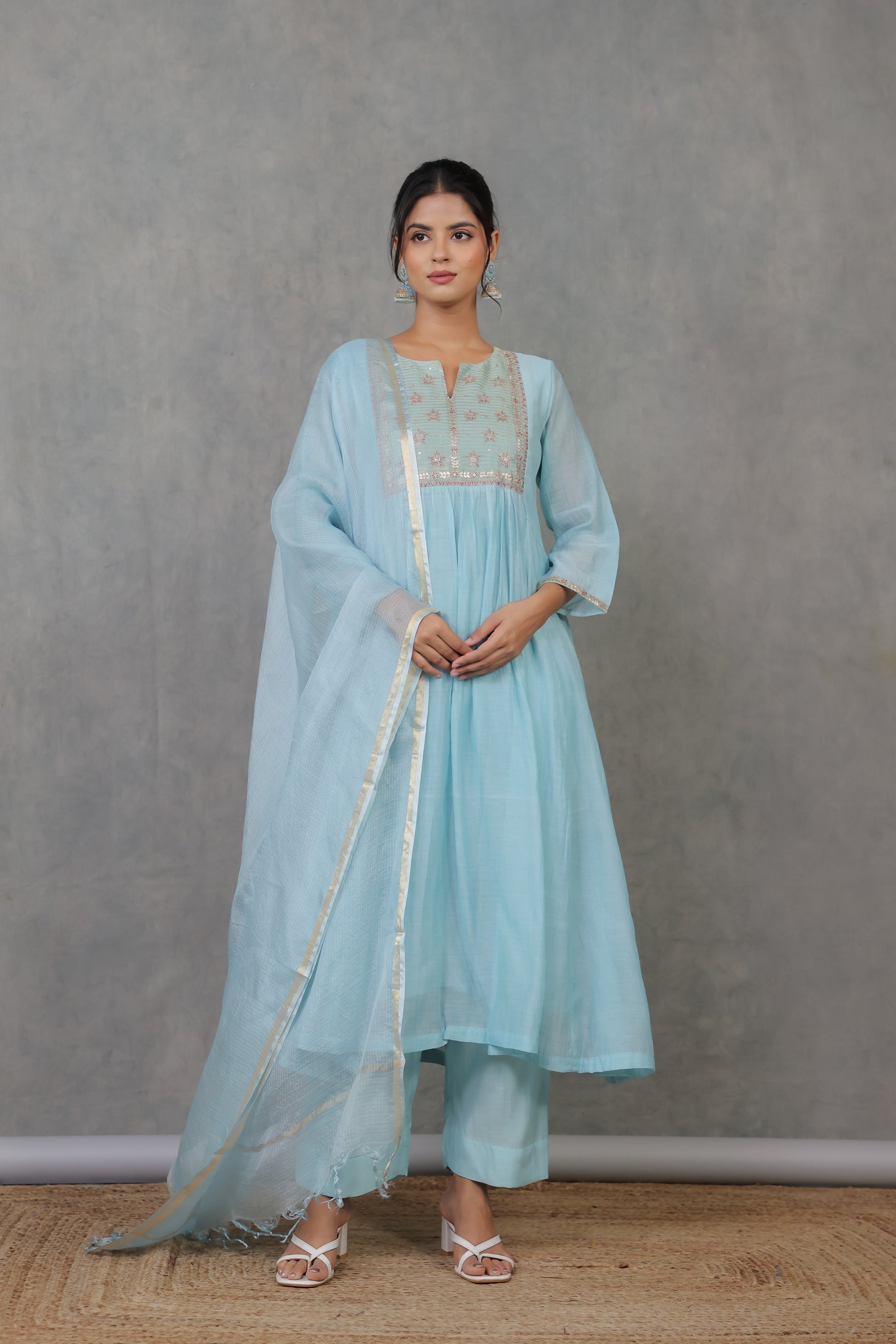 Cyan Chanderi Kurta with Pitan work