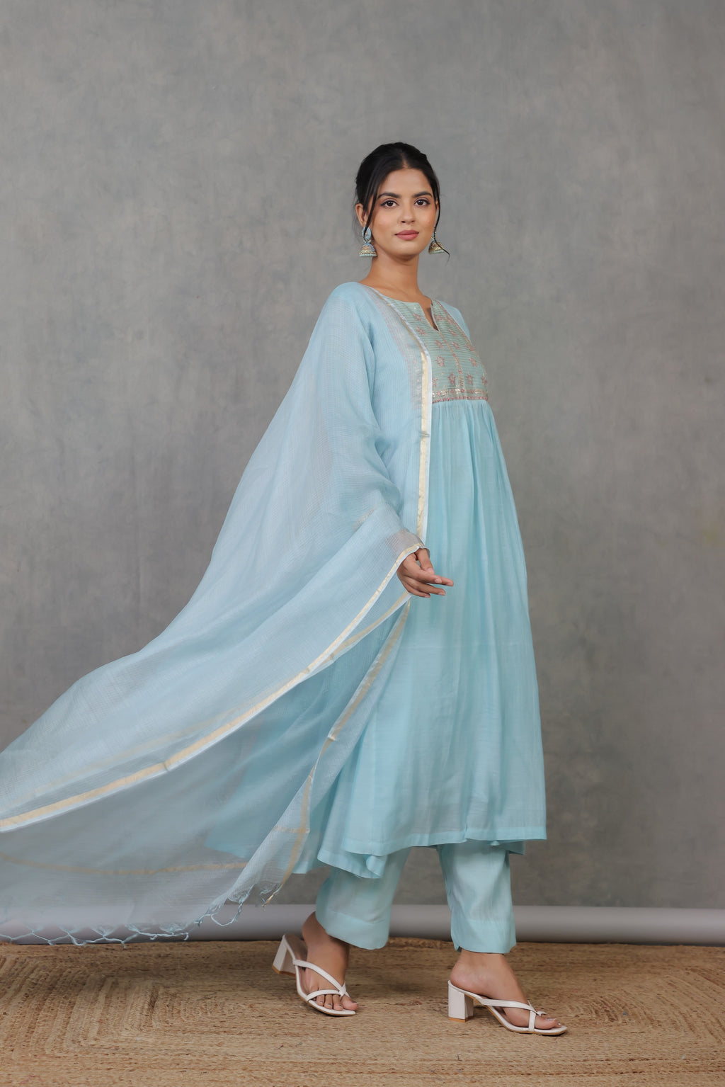 Cyan Chanderi Kurta with Pitan work