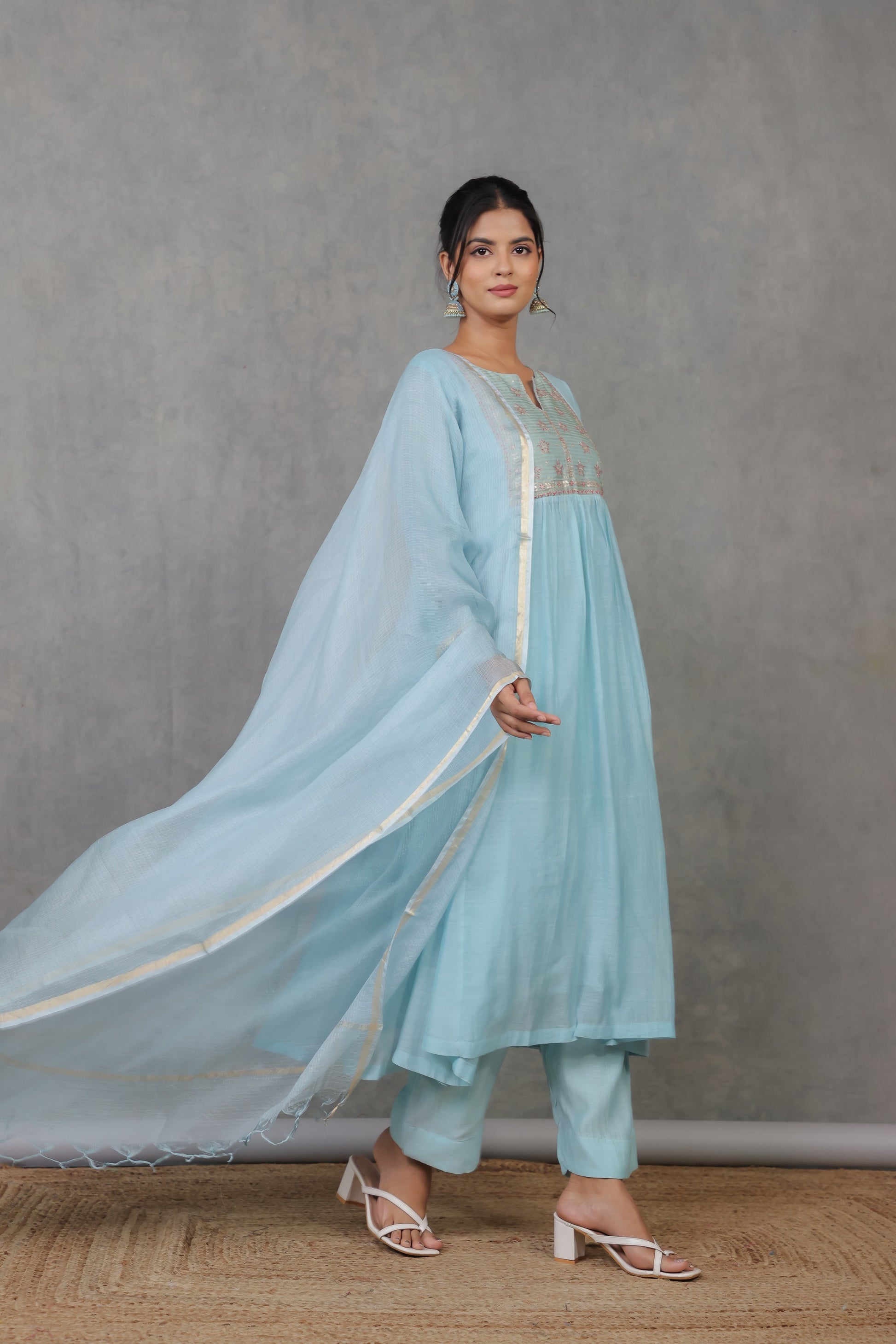 Cyan Chanderi Kurta with Pitan work