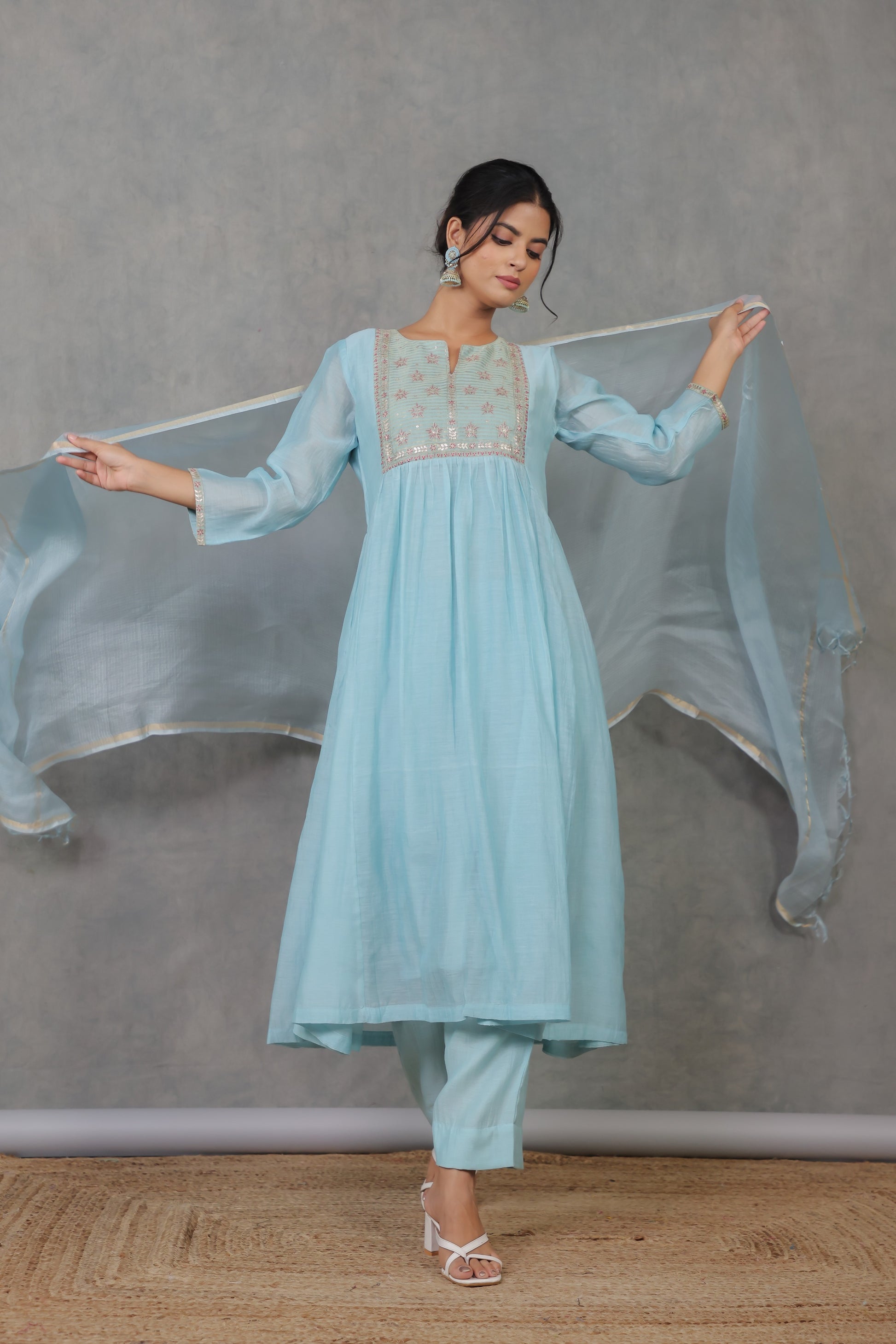 Cyan Chanderi Kurta with Pitan work