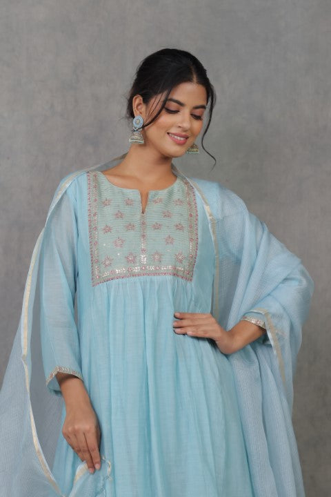 Cyan Chanderi Kurta with Pitan work