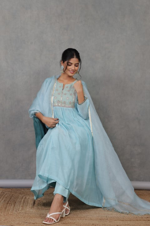 Cyan Chanderi Kurta with Pitan work