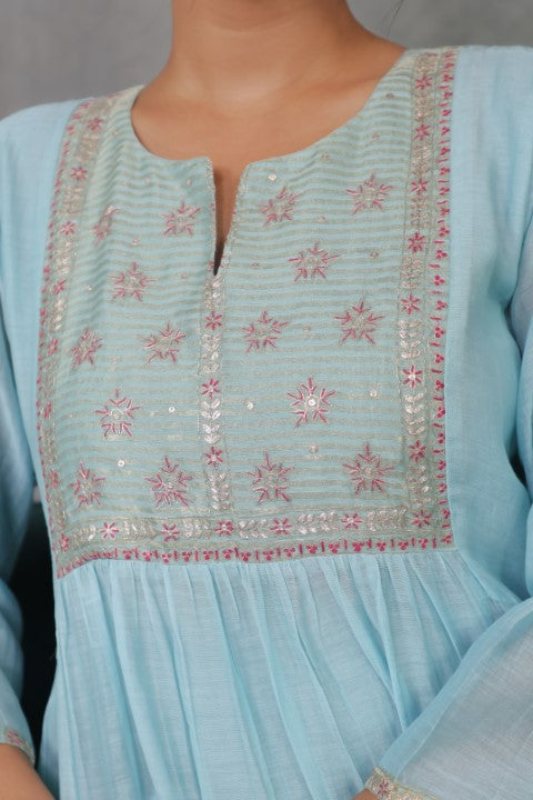 Cyan Chanderi Kurta with Pitan work