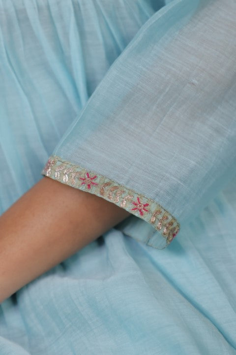 Cyan Chanderi Kurta with Pitan work