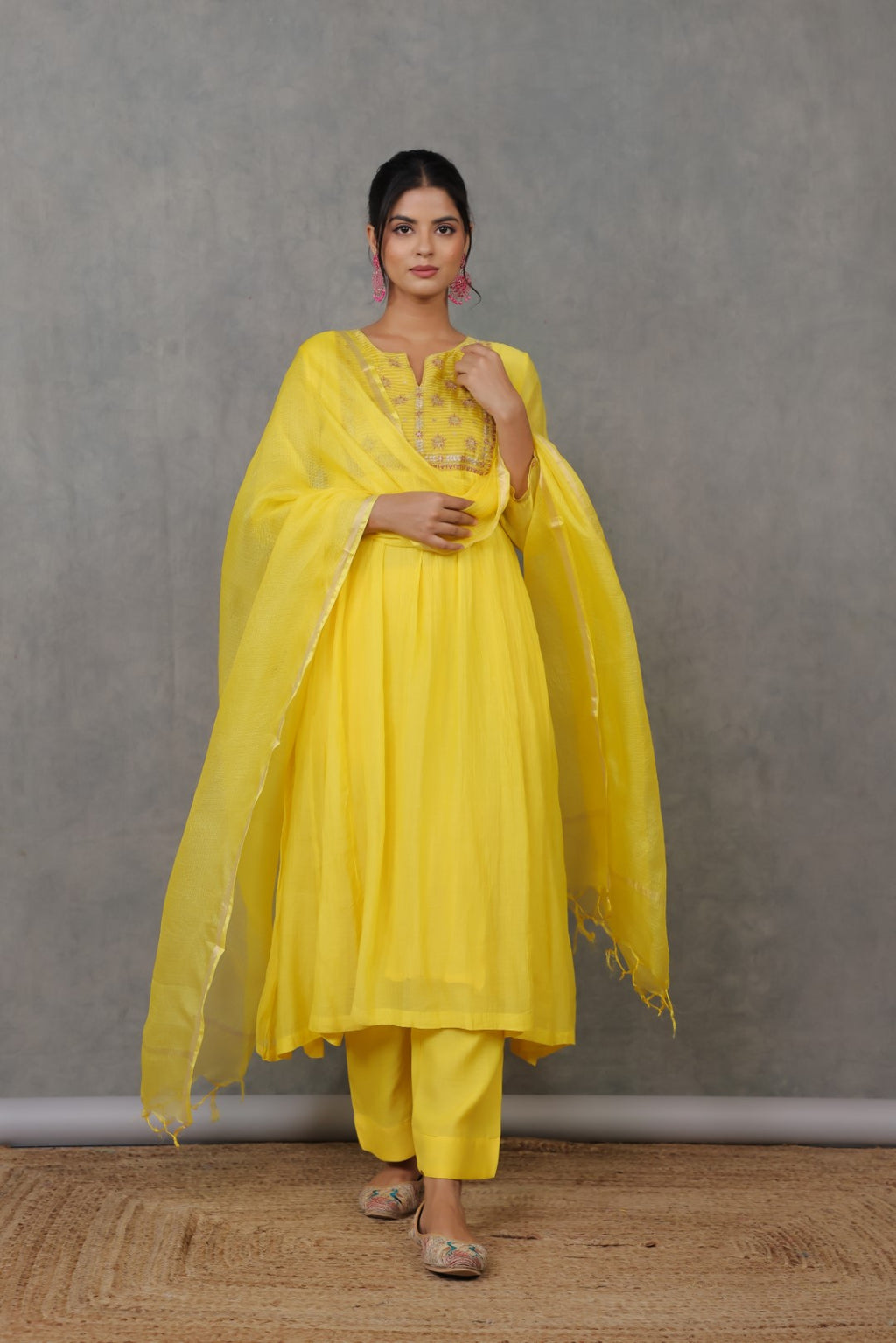 Yellow Chanderi Kurta with Pitan work