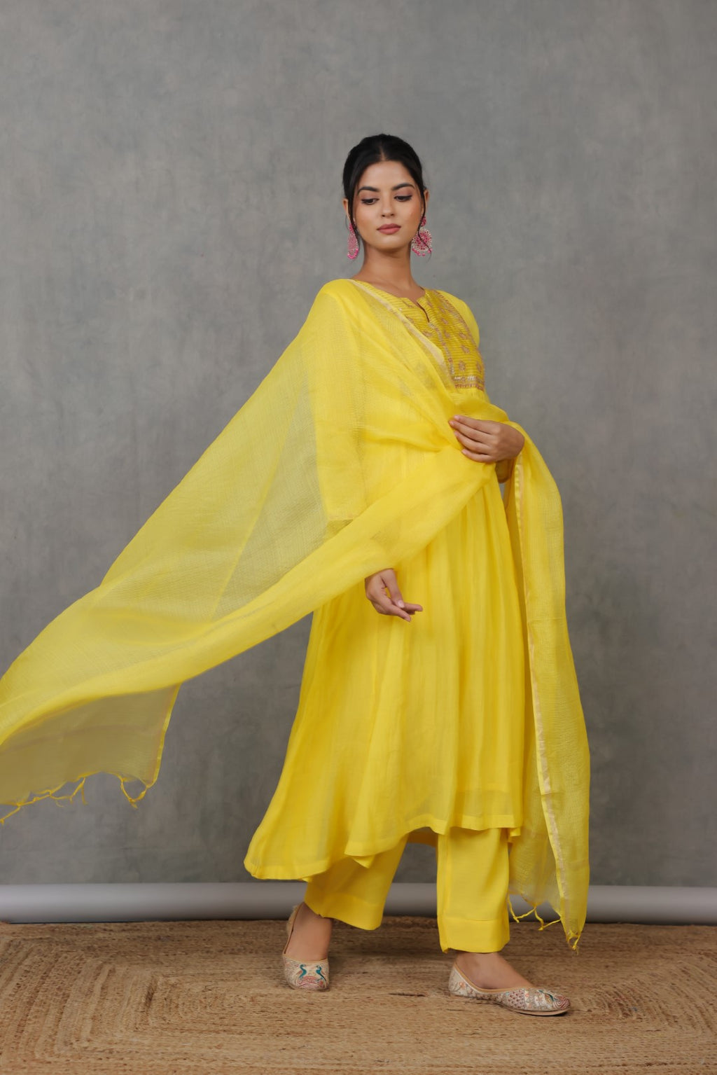 Yellow Chanderi Kurta with Pitan work