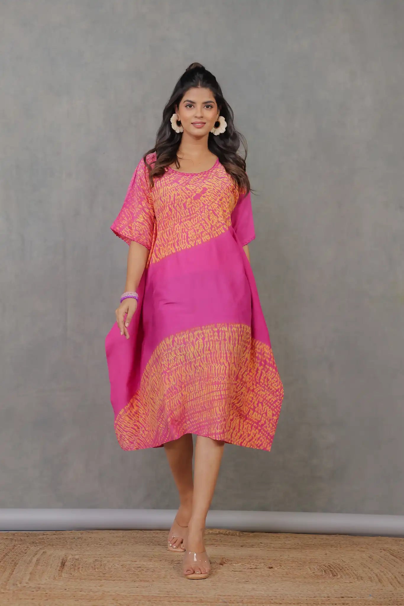 Magenta cotton silk shibori kaftan