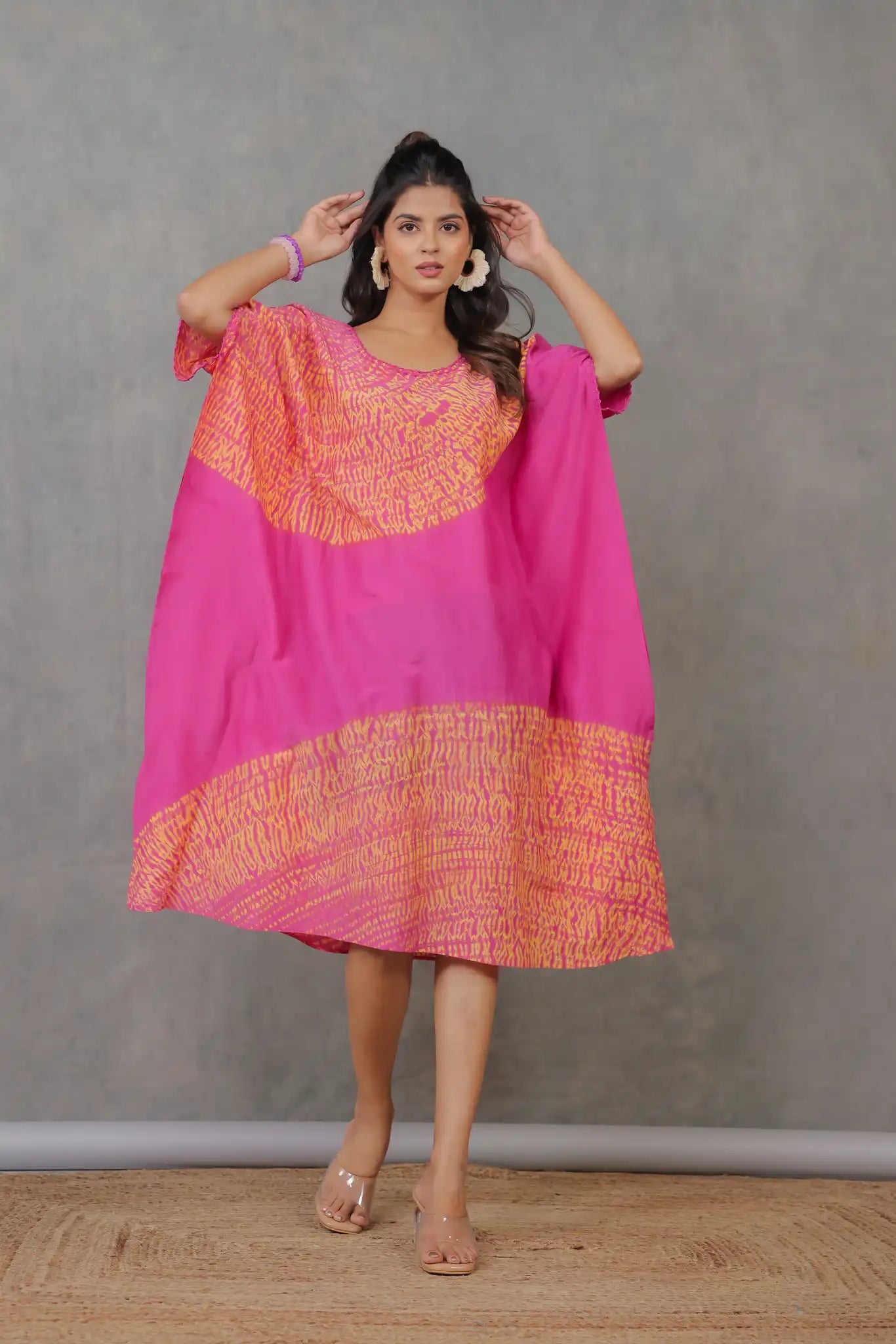 Magenta cotton silk shibori kaftan