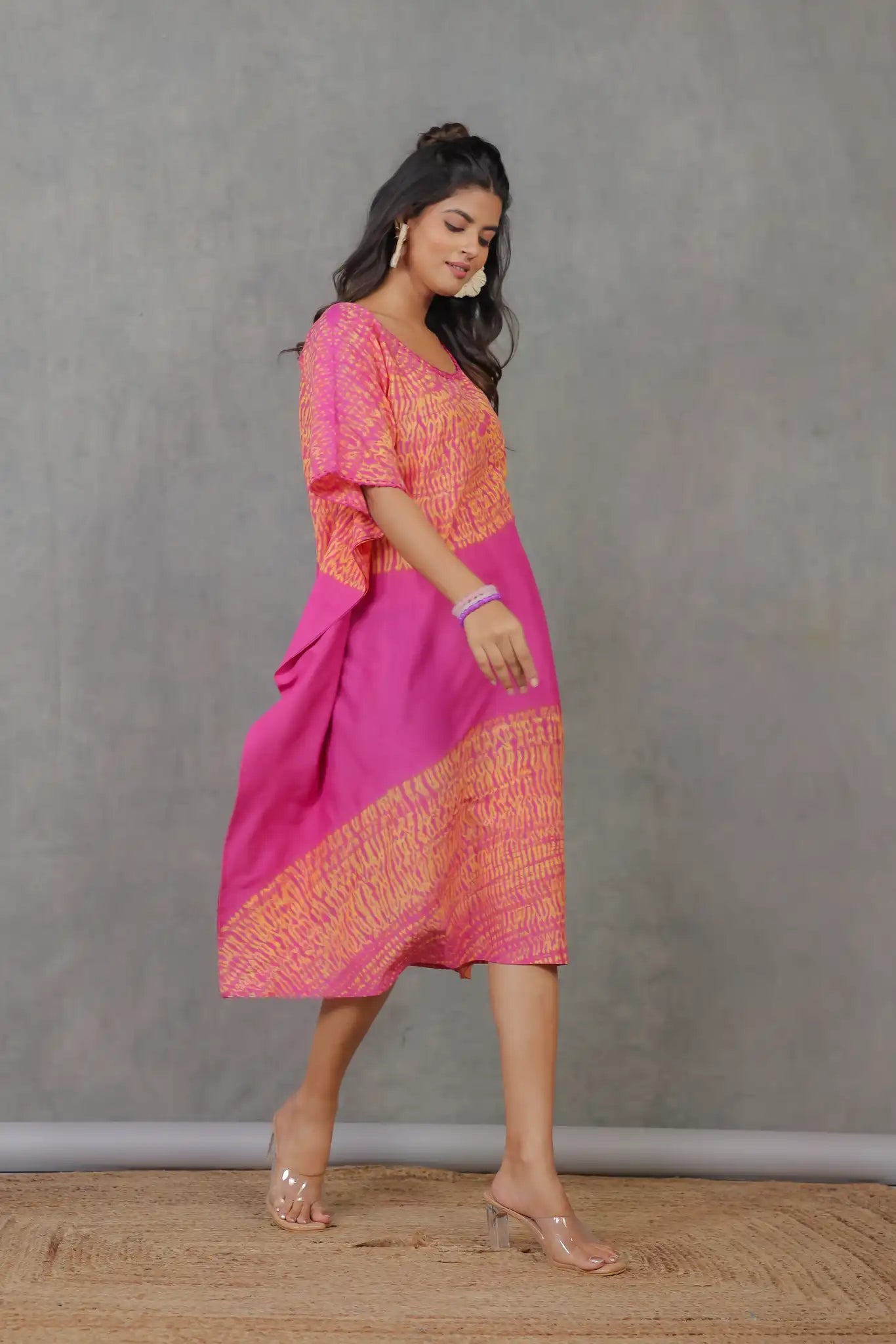Magenta cotton silk shibori kaftan