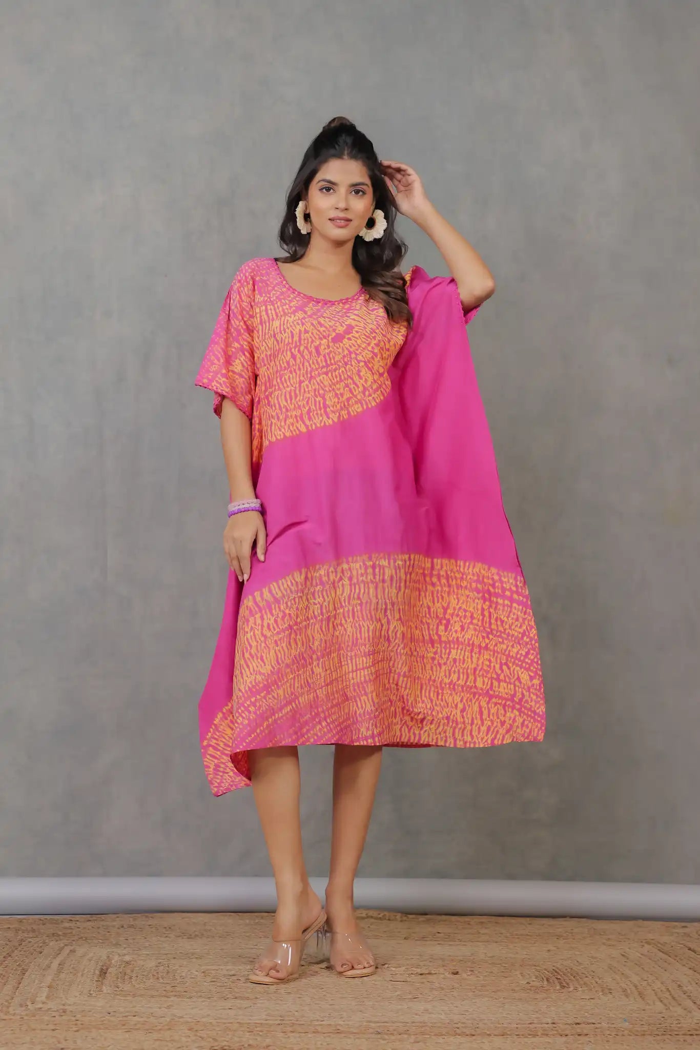 Magenta cotton silk shibori kaftan